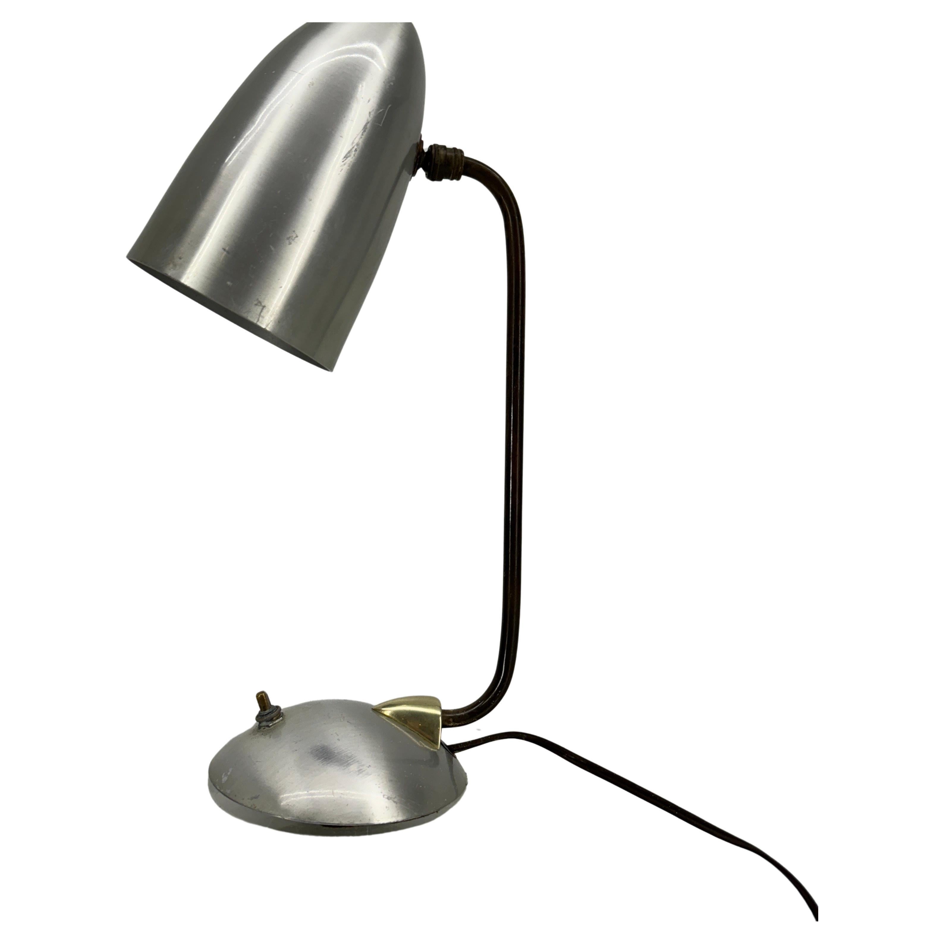 American Brushed Chrome, Brass and Bronze Goose-Neck Table Lamp, Mid-Century Modern For Sale