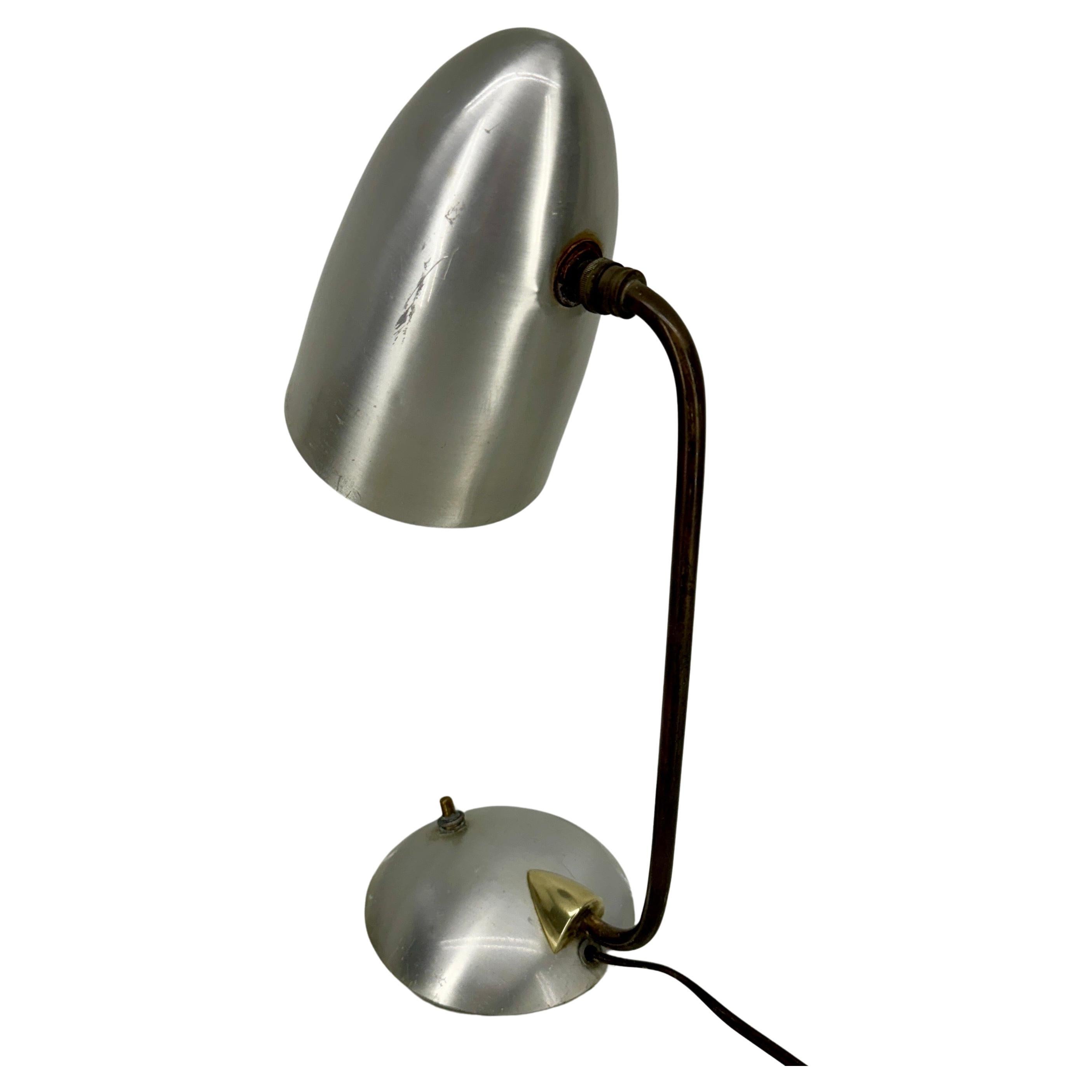 20th Century Brushed Chrome, Brass and Bronze Goose-Neck Table Lamp, Mid-Century Modern For Sale
