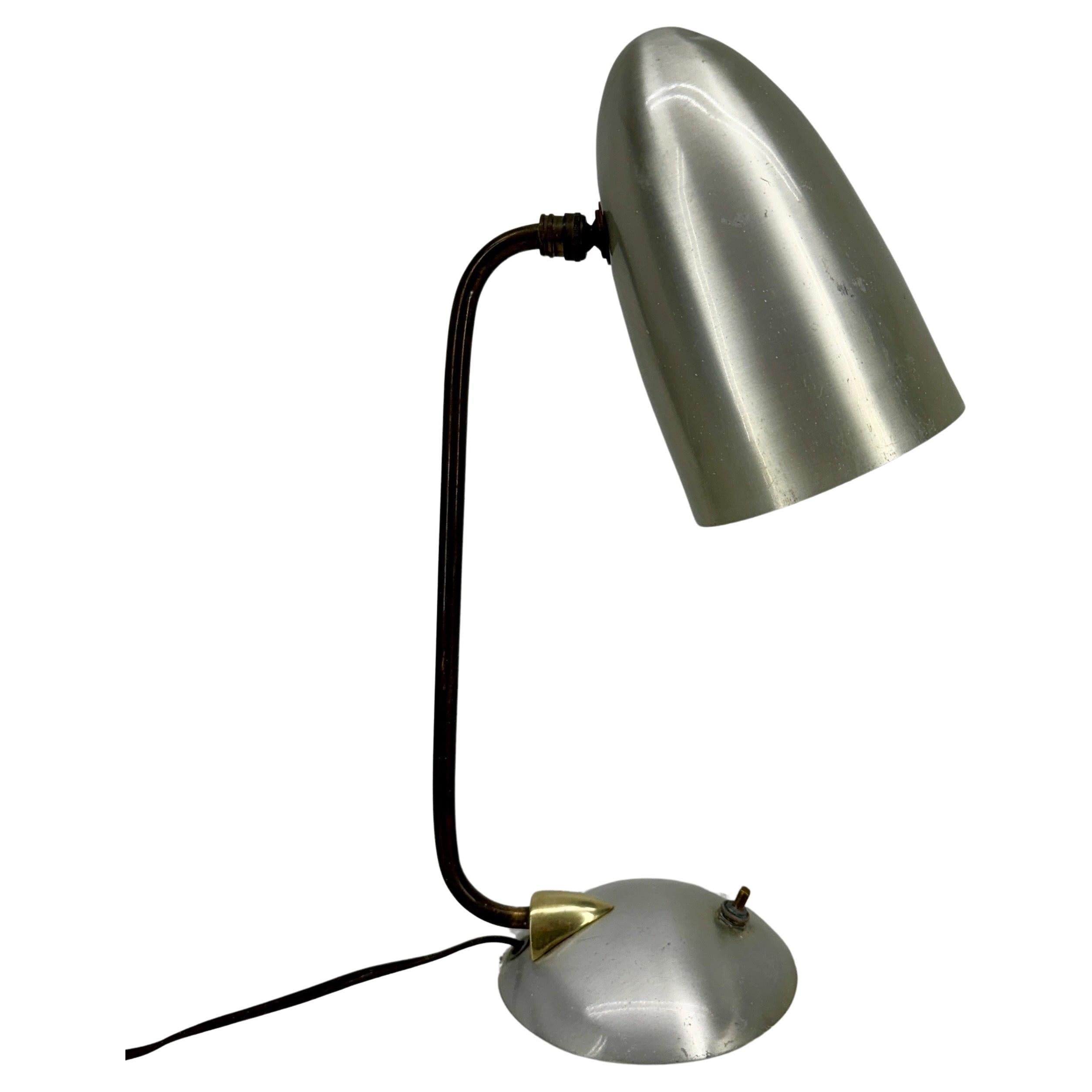 Brushed Chrome, Brass and Bronze Goose-Neck Table Lamp, Mid-Century Modern For Sale