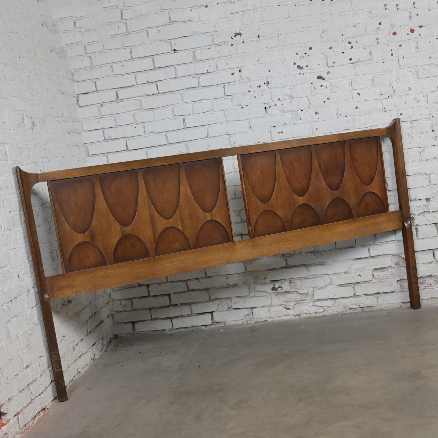 American MCM Brutalist Broyhill Brasilia Premier Series 6130-59 Walnut King Headboard