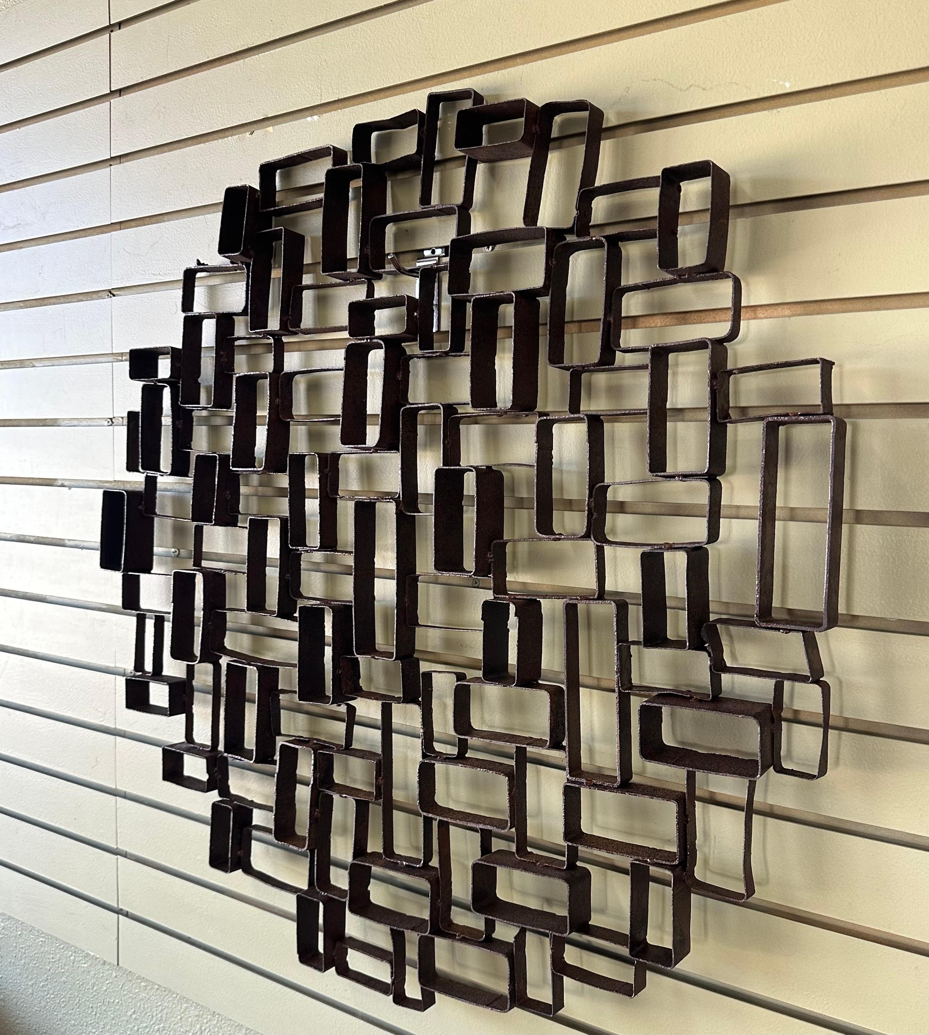 MCM Brutalist Geometric Distressed Steel Wall Sculpture In Good Condition For Sale In San Diego, CA