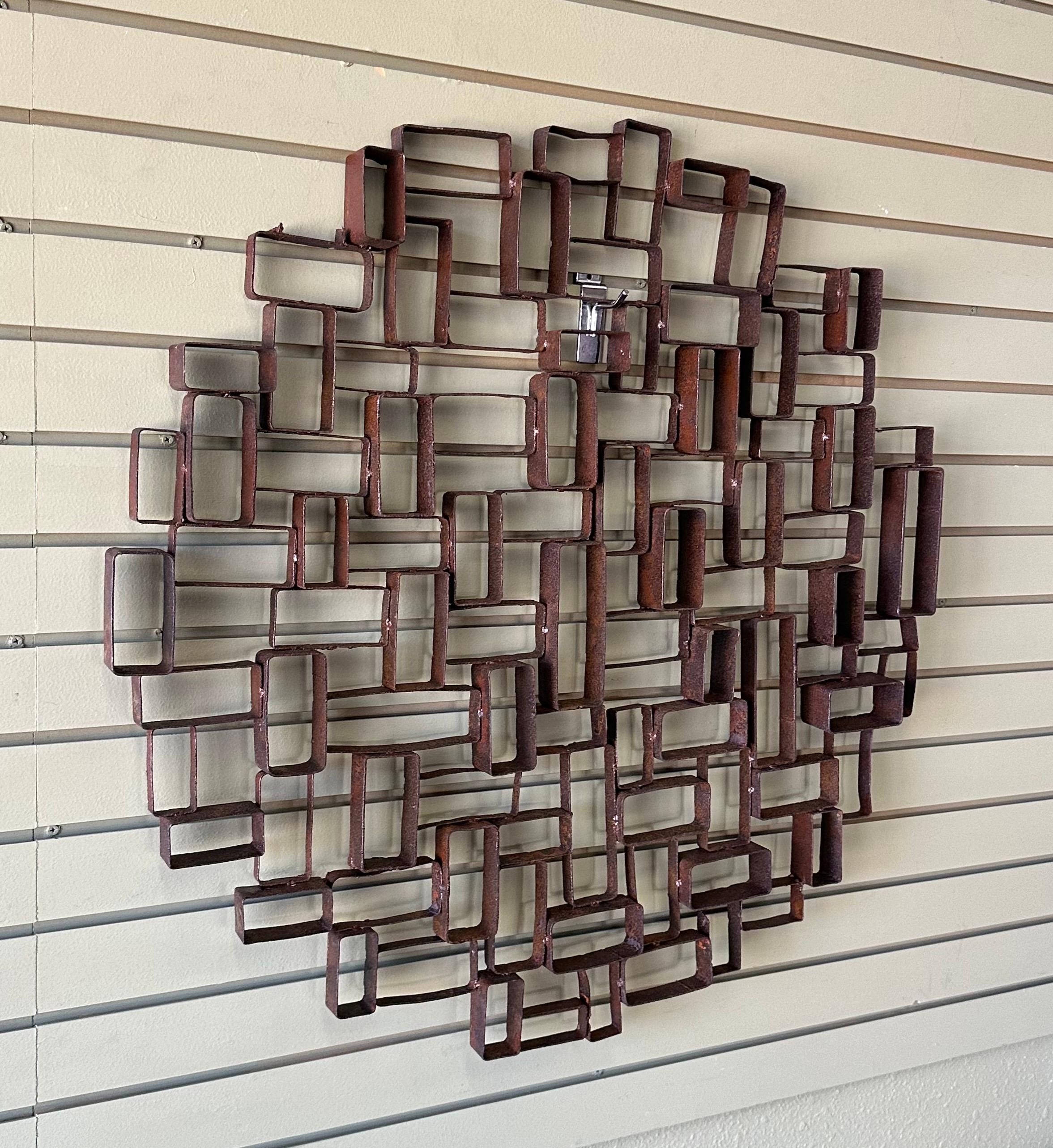 20th Century MCM Brutalist Geometric Distressed Steel Wall Sculpture For Sale