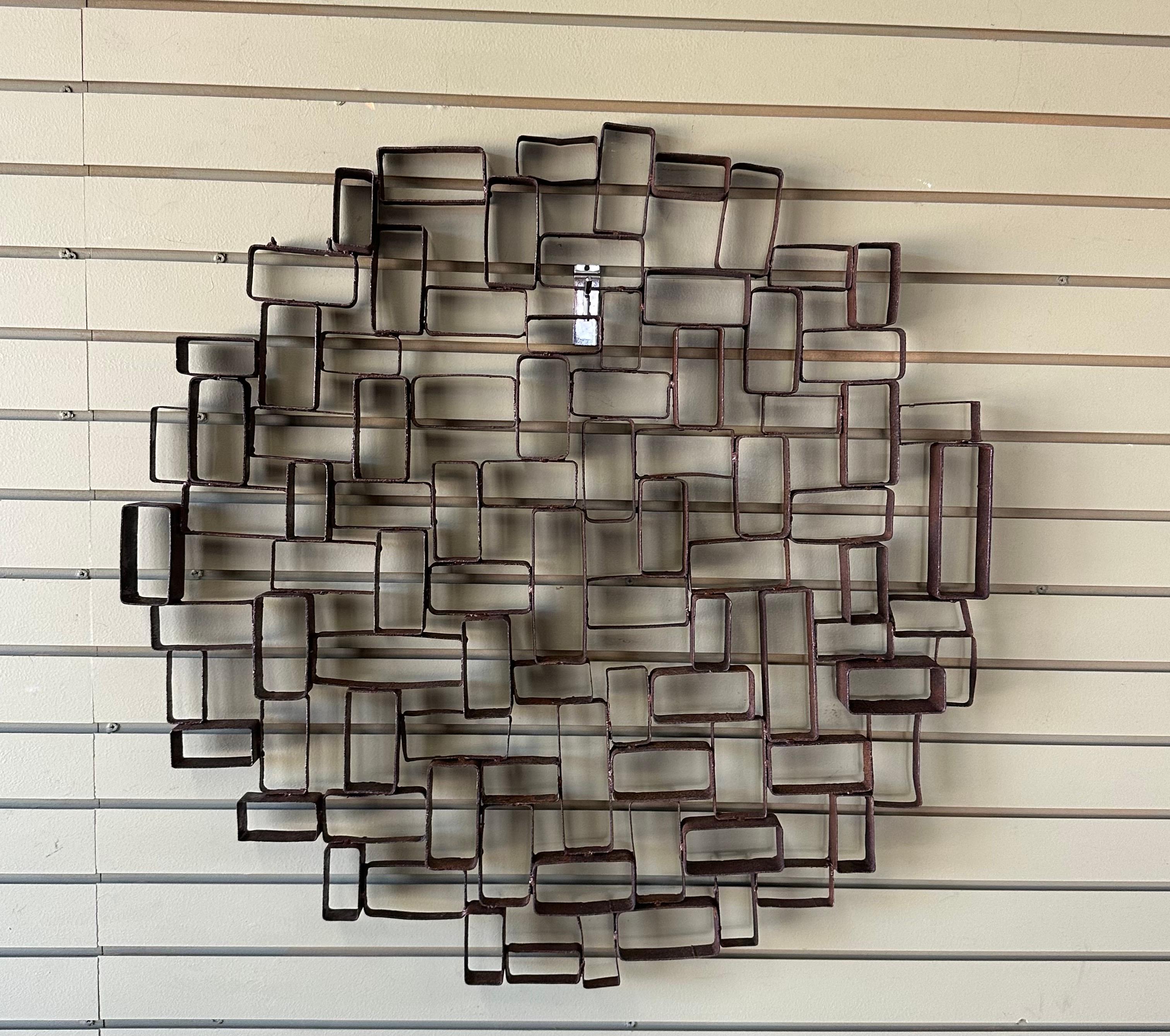 MCM Brutalist Geometric Distressed Steel Wall Sculpture For Sale 1