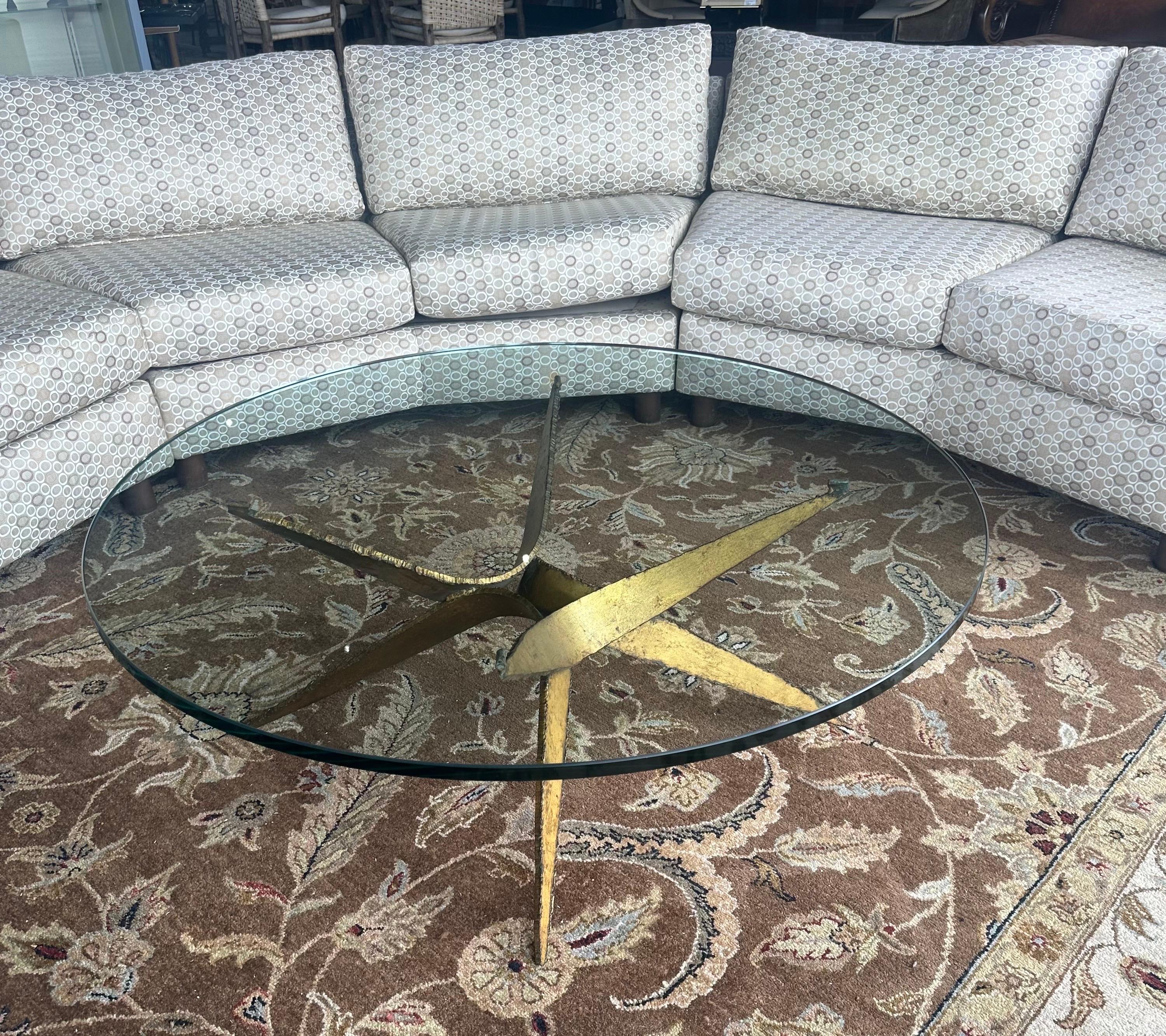 Glass MCM Brutalist Torch Cut Steel Coffee Table in the Style of Silas Seandel