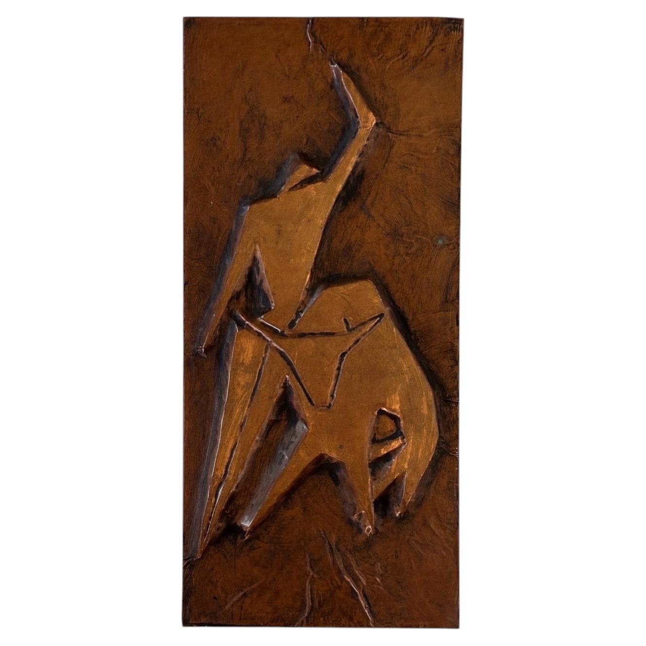 MCM Bull & Matador Brutalist Copper Wall Relief Panel, Abstract Figural Form For Sale
