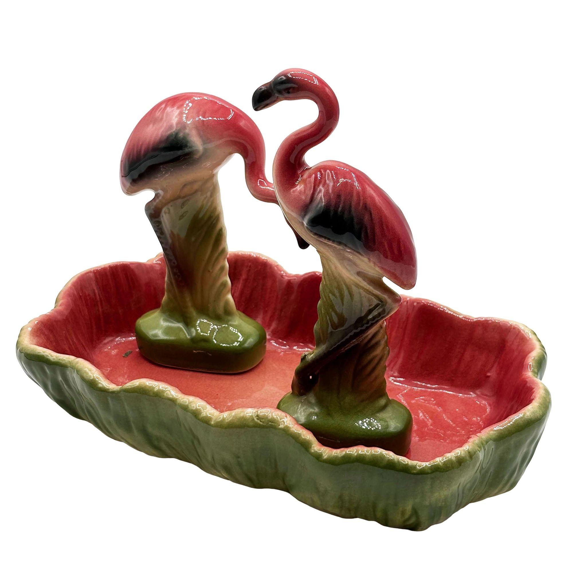 MCM California Pottery Keramik Flamingo Figurensatz mit tropischem Teich Tablett (Moderne der Mitte des Jahrhunderts) im Angebot