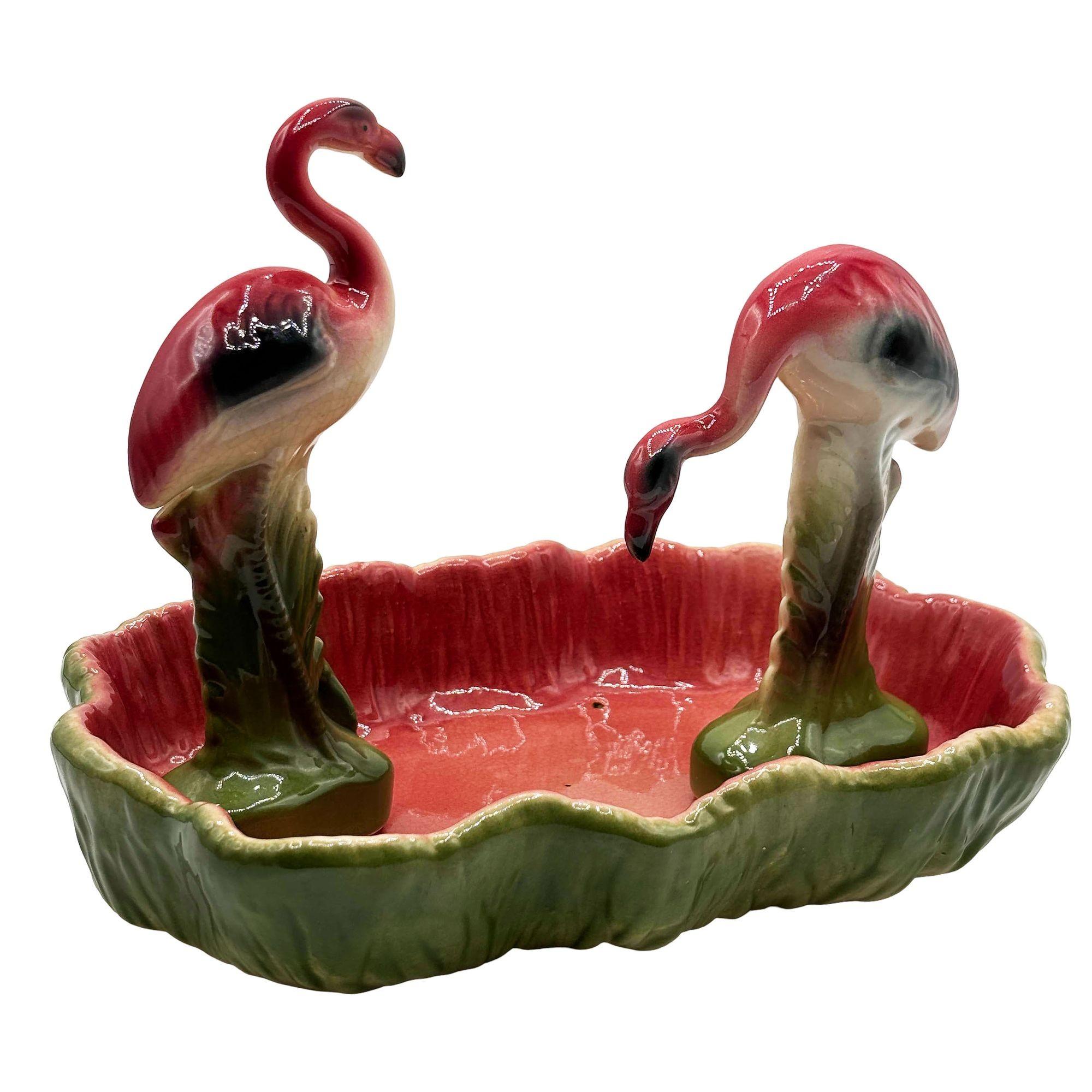 MCM California Pottery Keramik Flamingo Figurensatz mit tropischem Teich Tablett (amerikanisch) im Angebot