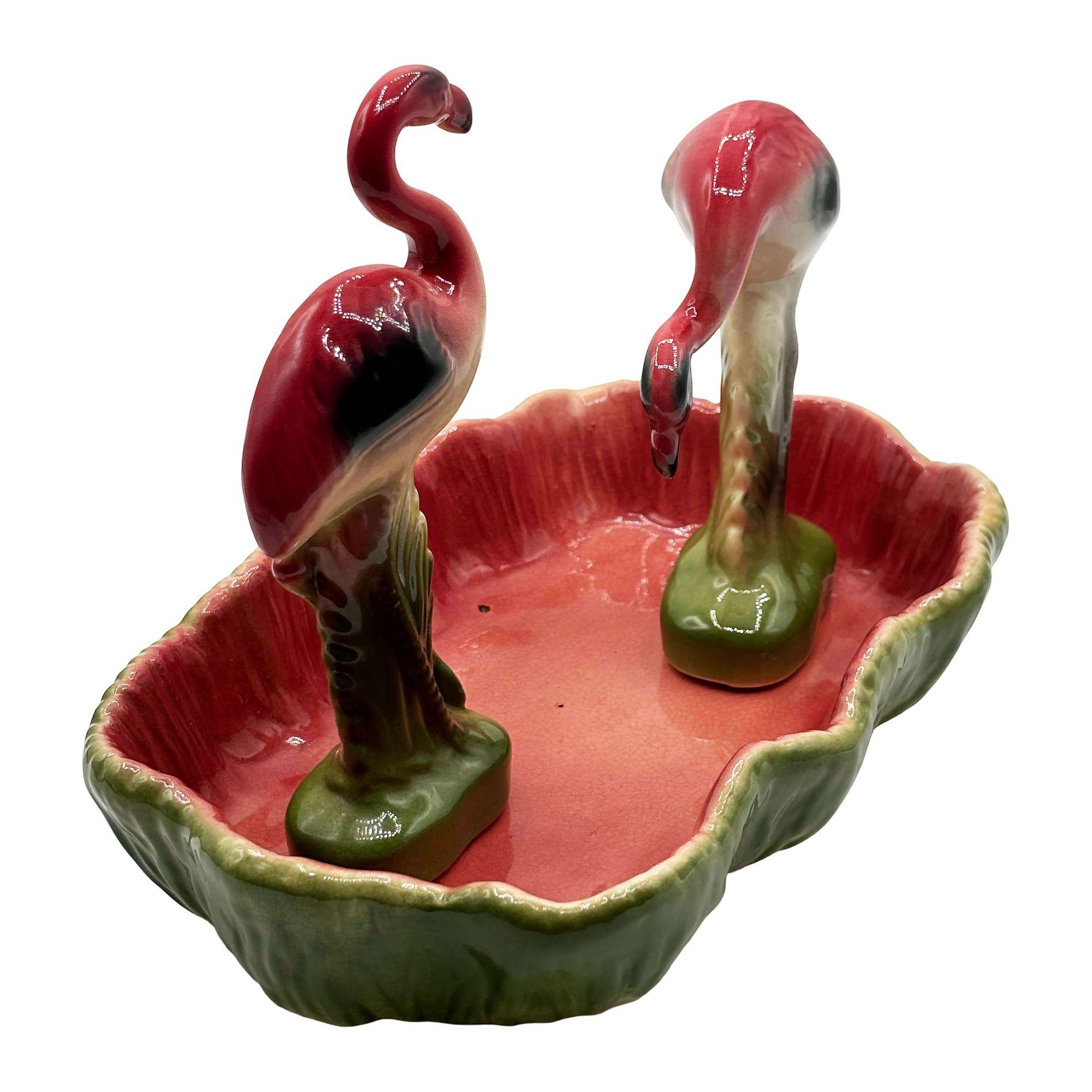 MCM California Pottery Keramik Flamingo Figurensatz mit tropischem Teich Tablett im Zustand „Hervorragend“ im Angebot in Van Nuys, CA