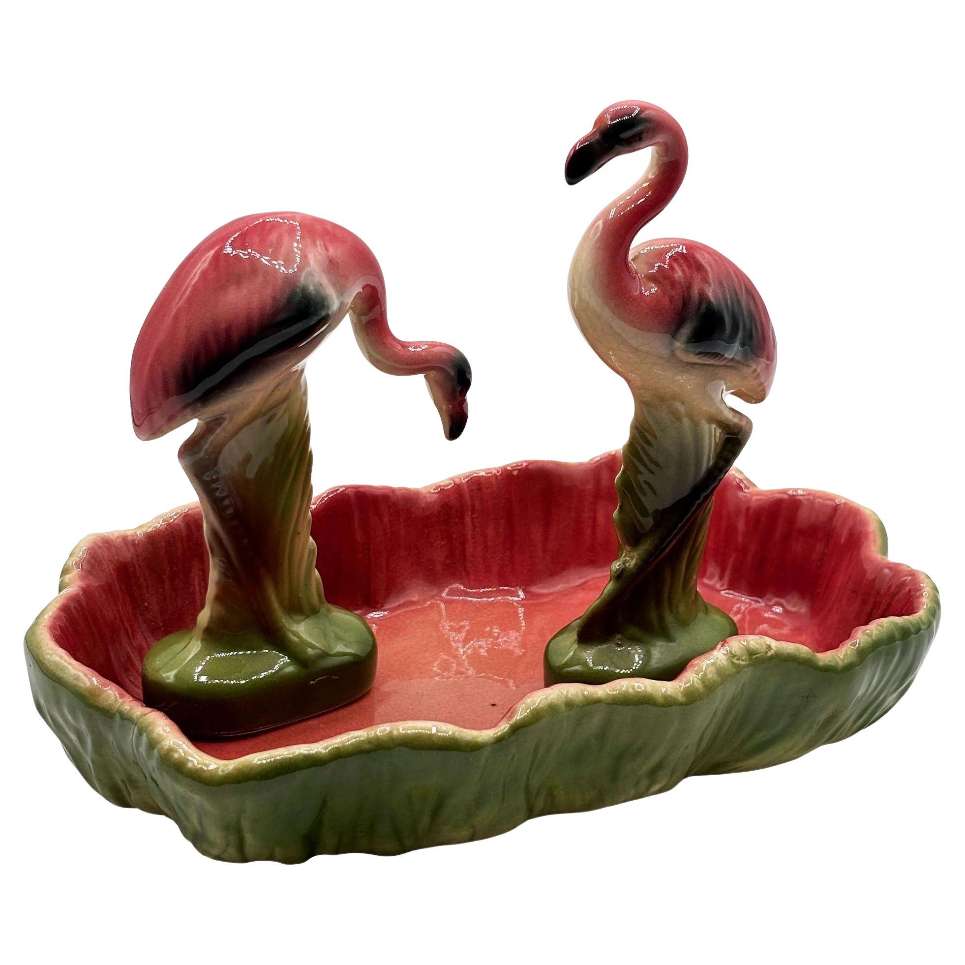 MCM California Pottery Keramik Flamingo Figurensatz mit tropischem Teich Tablett