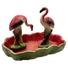 MCM California Pottery Set di statuette di fenicotteri in ceramica con vassoio Tropical Pond