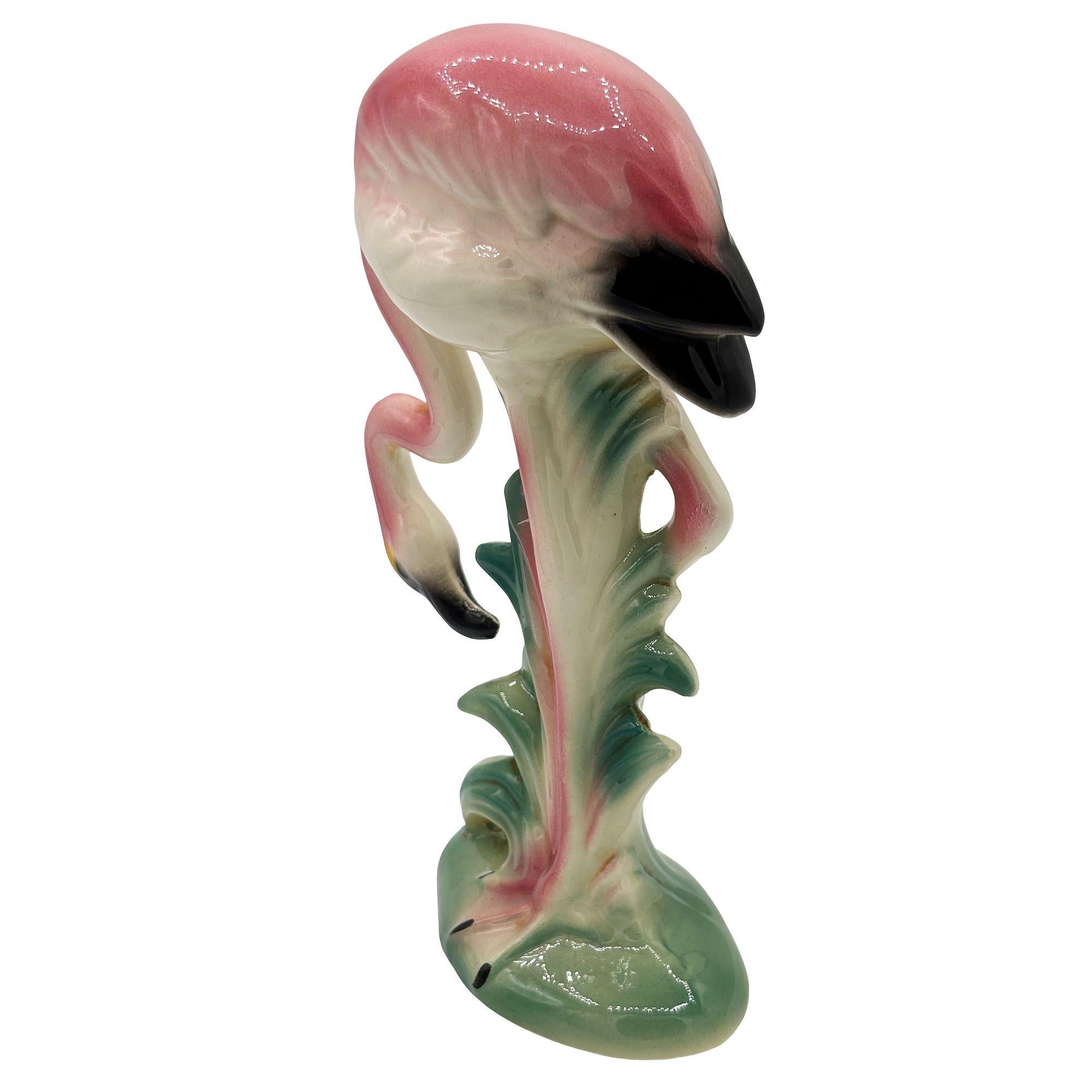 MCM California Pottery Ceramic Searcher Tropical Pink Flamingo Figurine Statue In Excellent Condition For Sale In Van Nuys, CA