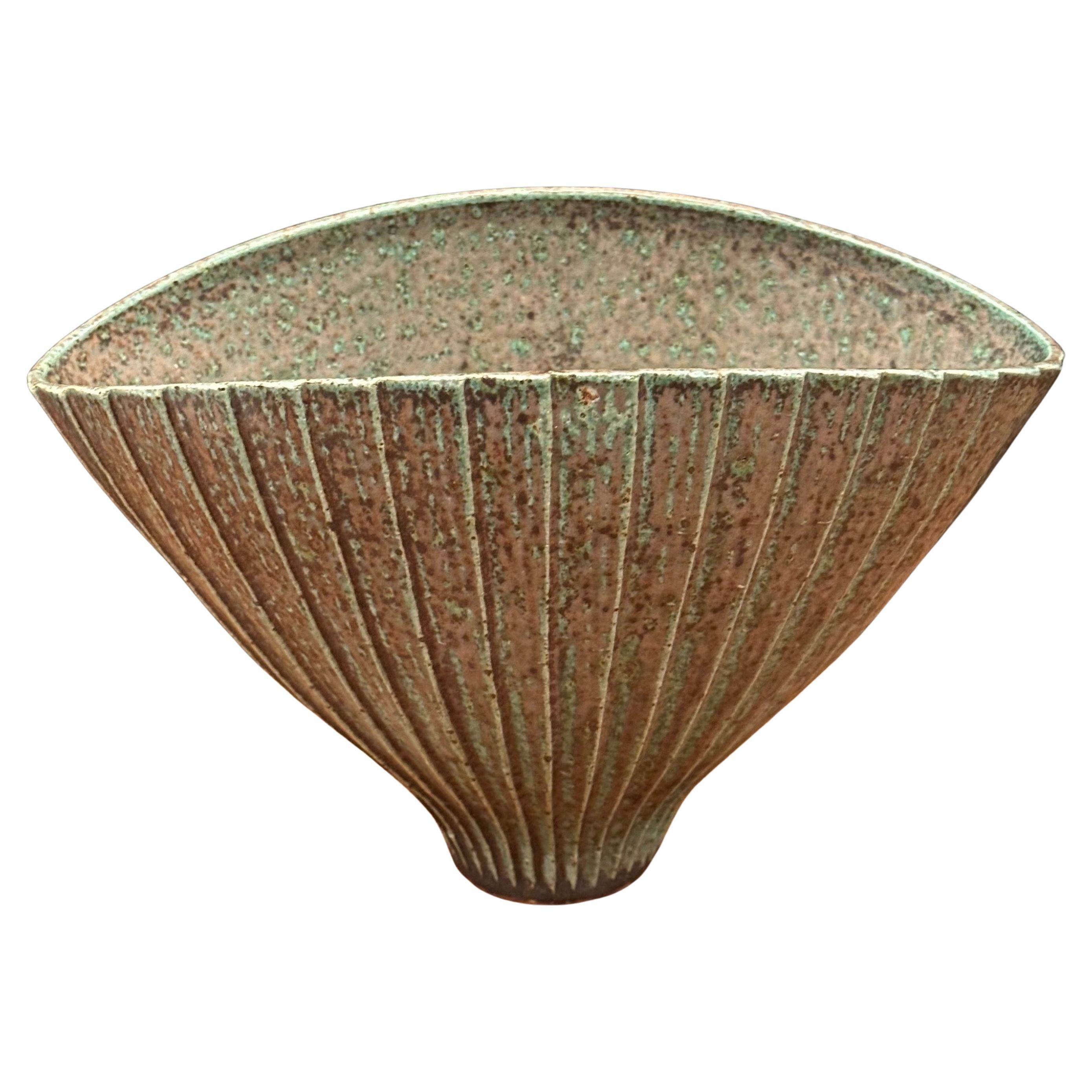 Mid-Century Modern MCM California Studio Pottery Stoneware Fan Shaped Vase - Signed For Sale