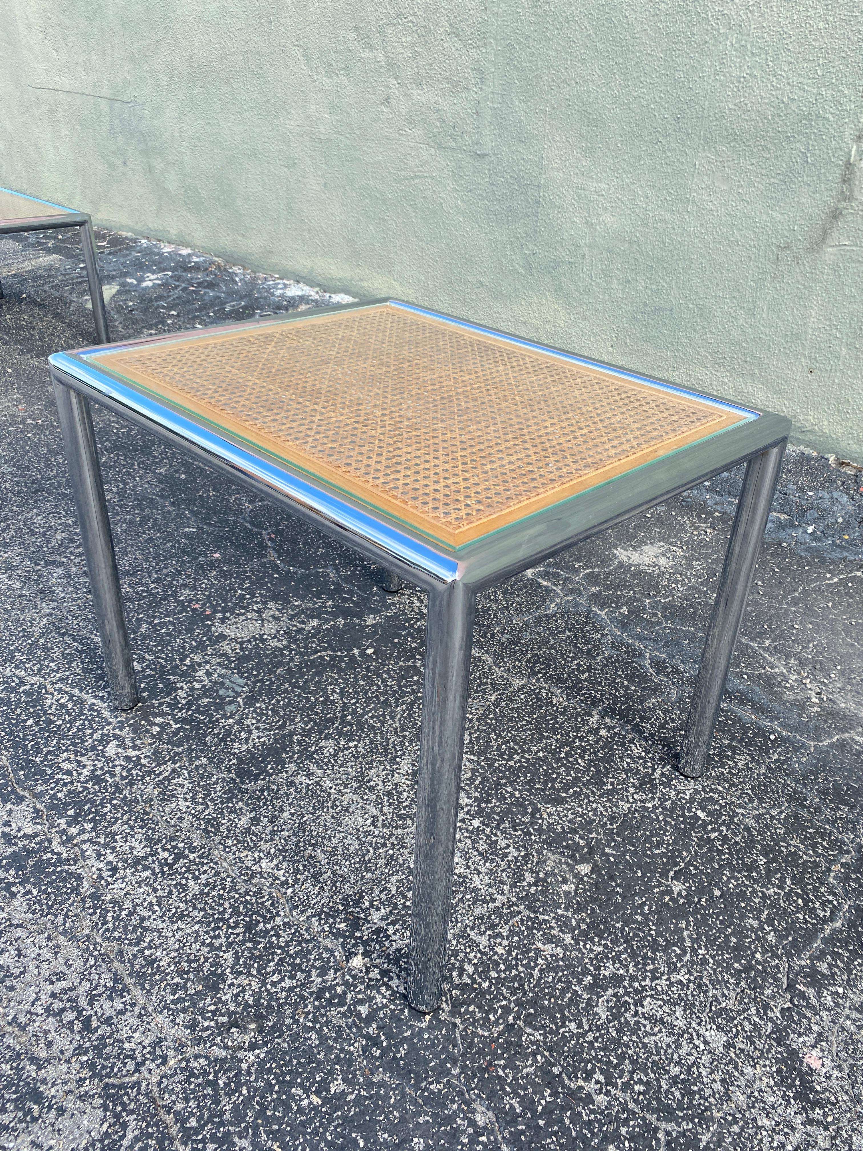 Vintage Milo Baughman chrome and cane coffee and side tables. Each table has a different measurement.

Cane in great condition with no holes, one of the tops is slightly darker than the others, are lightweight. Chrome has minor scratches.

Prices