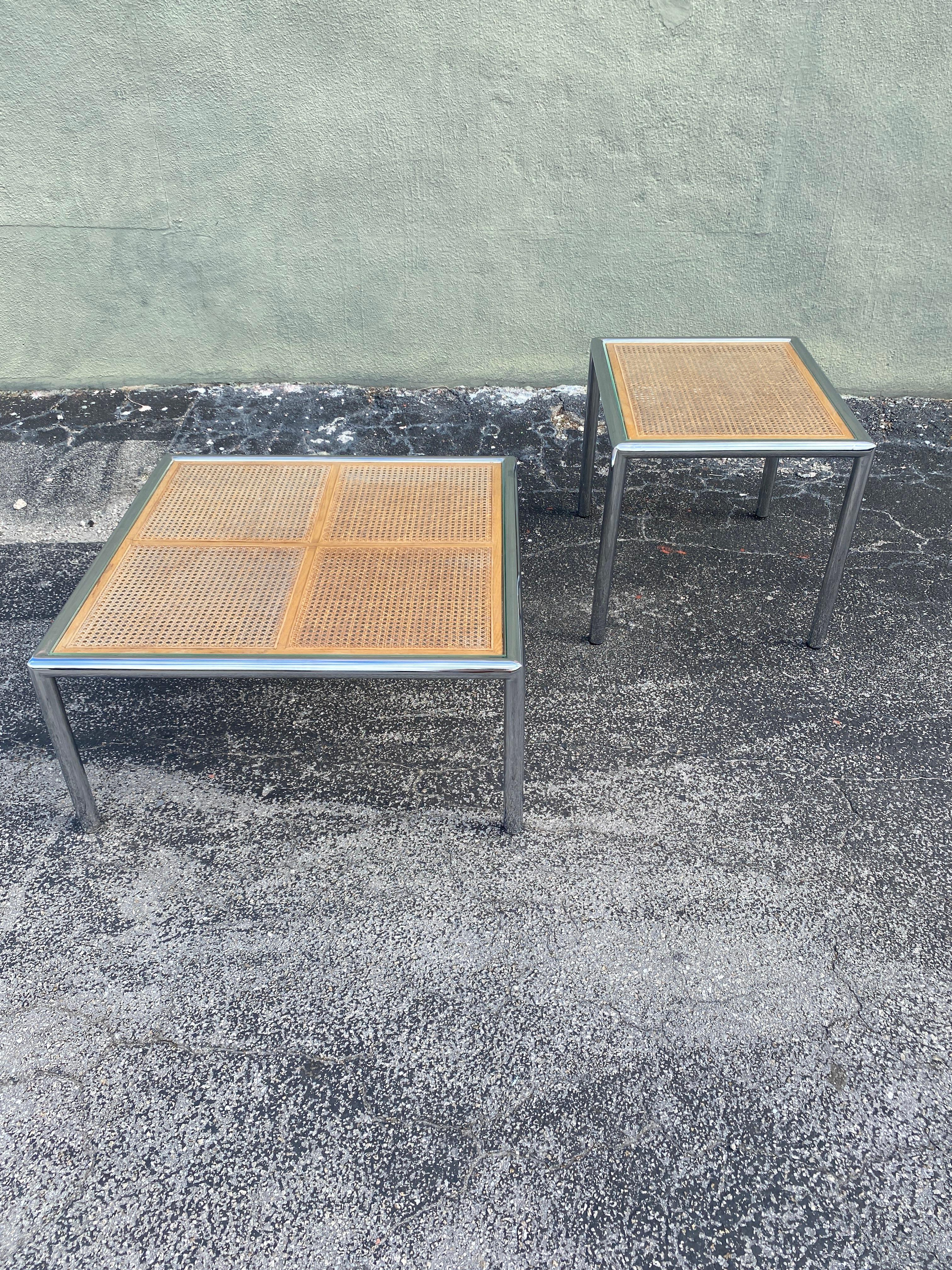 Late 20th Century MCM cane and coffee and side tables in the style of Milo Baughman- set of 3 For Sale