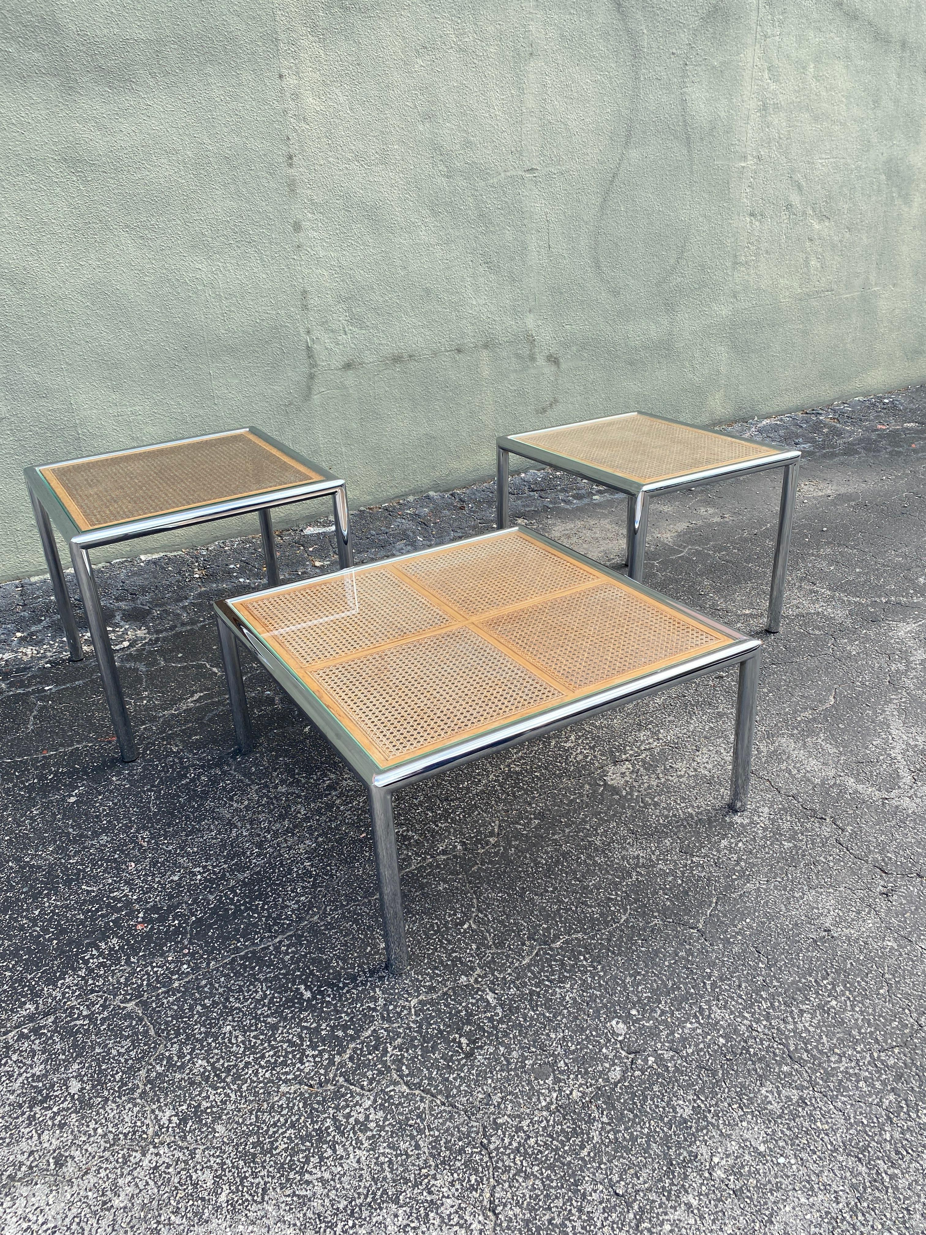 MCM cane and coffee and side tables in the style of Milo Baughman- set of 3 For Sale 2