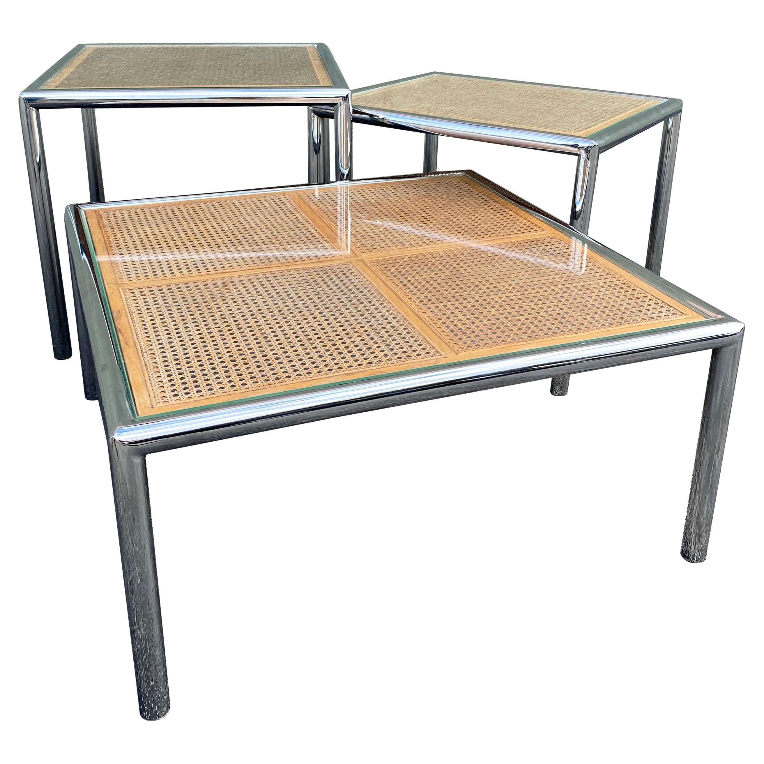 MCM cane and coffee and side tables in the style of Milo Baughman- set of 3