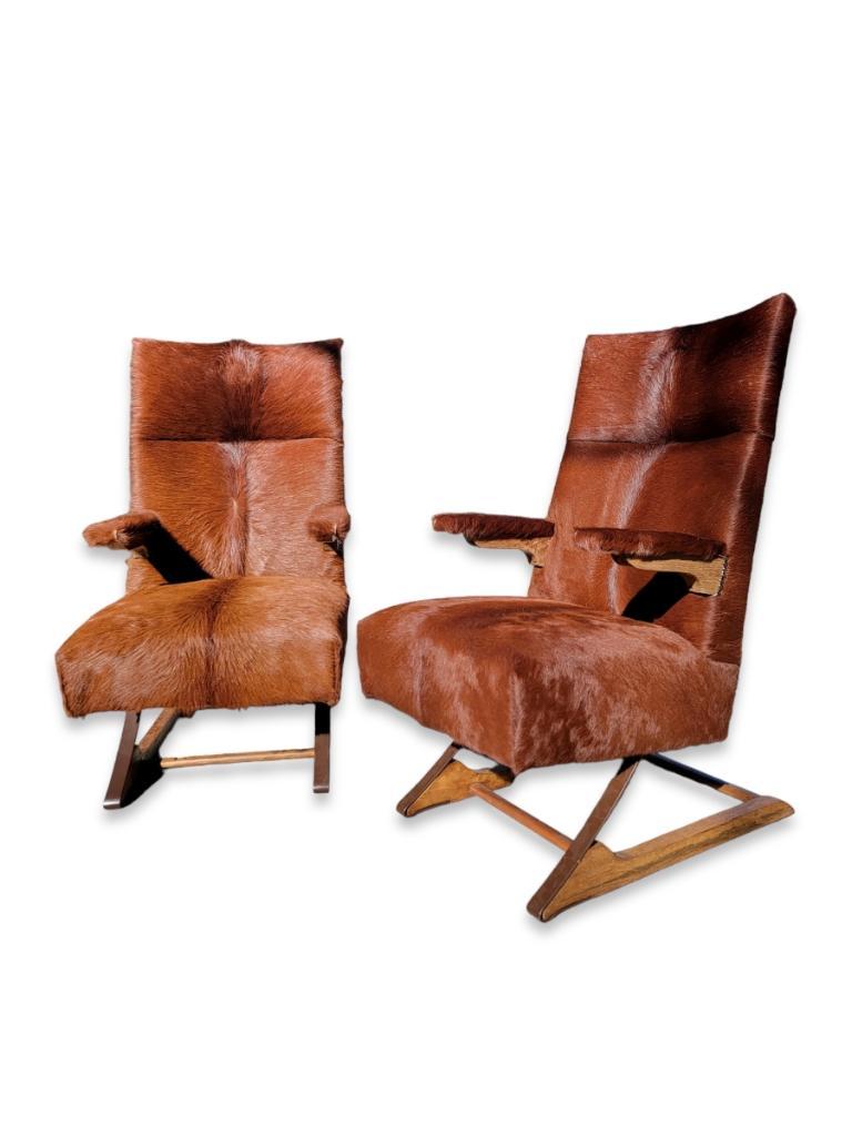 Mid-Century Modern MCM Cantilever Rockers Newly Upholstered in a Brazilian Cowhide, Pair 