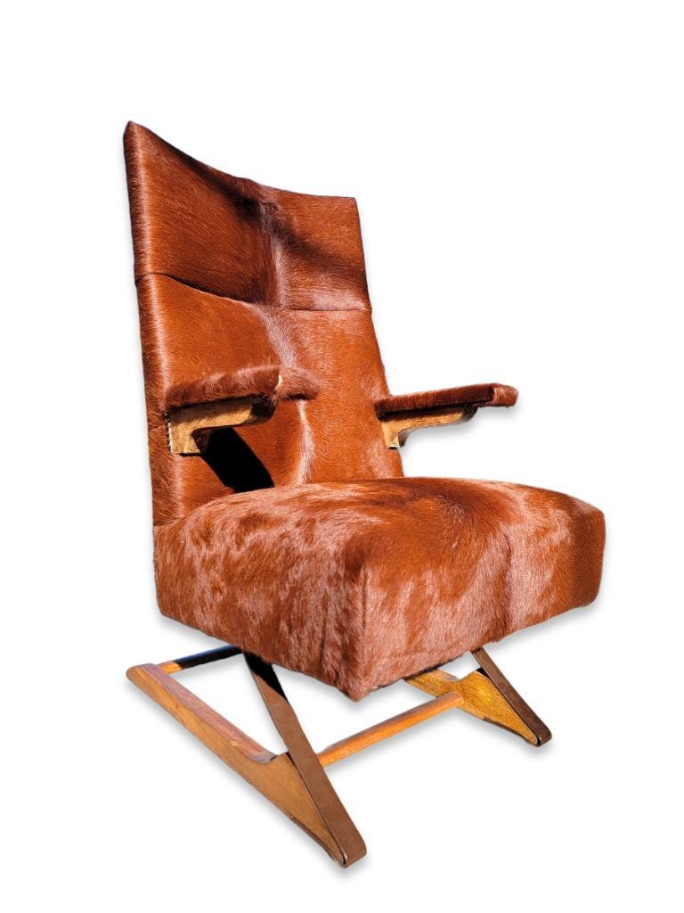 Hand-Crafted MCM Cantilever Rockers Newly Upholstered in a Brazilian Cowhide, Pair 