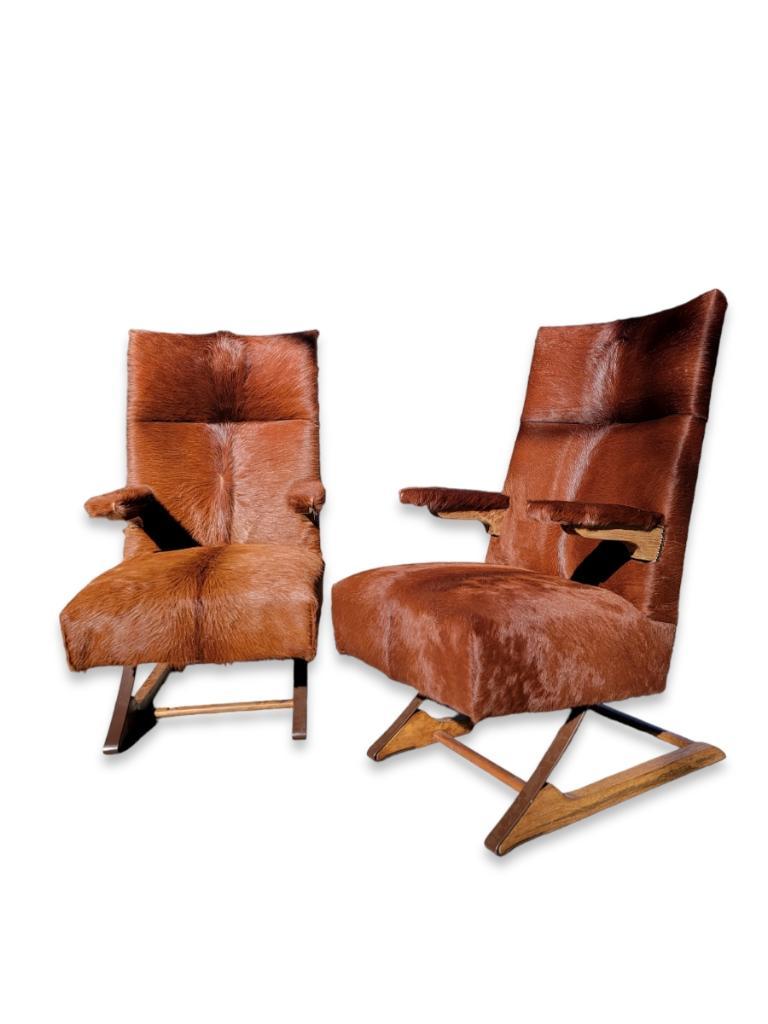 Mid-20th Century MCM Cantilever Rockers Newly Upholstered in a Brazilian Cowhide, Pair 