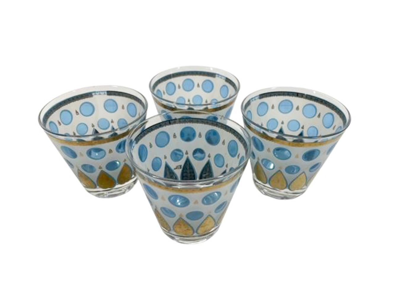 Mid-Century Modern MCM Cera Old Fashioned Glasses with Translucent Blue Dots and Gold Palmettes
