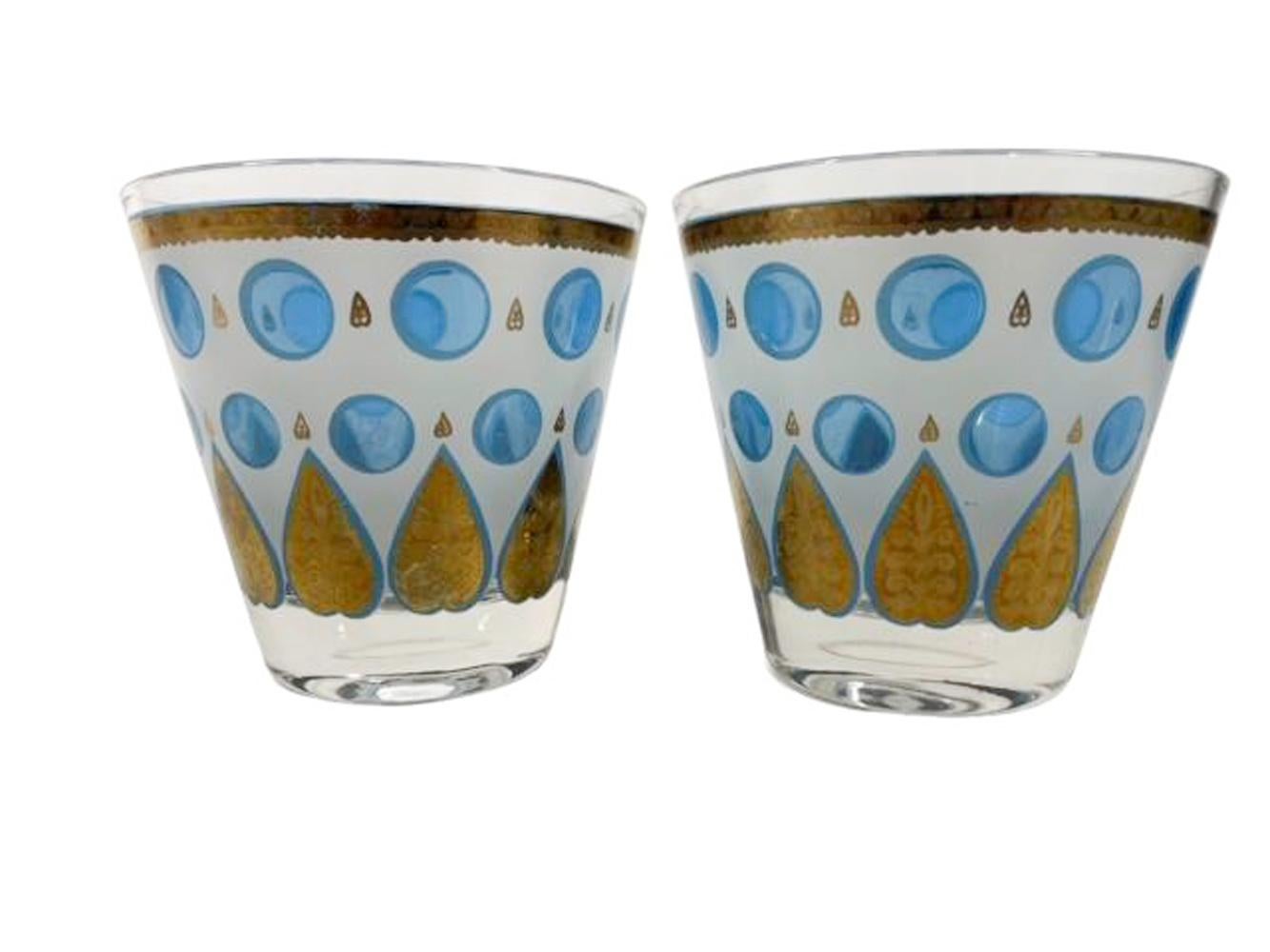 20th Century MCM Cera Old Fashioned Glasses with Translucent Blue Dots and Gold Palmettes