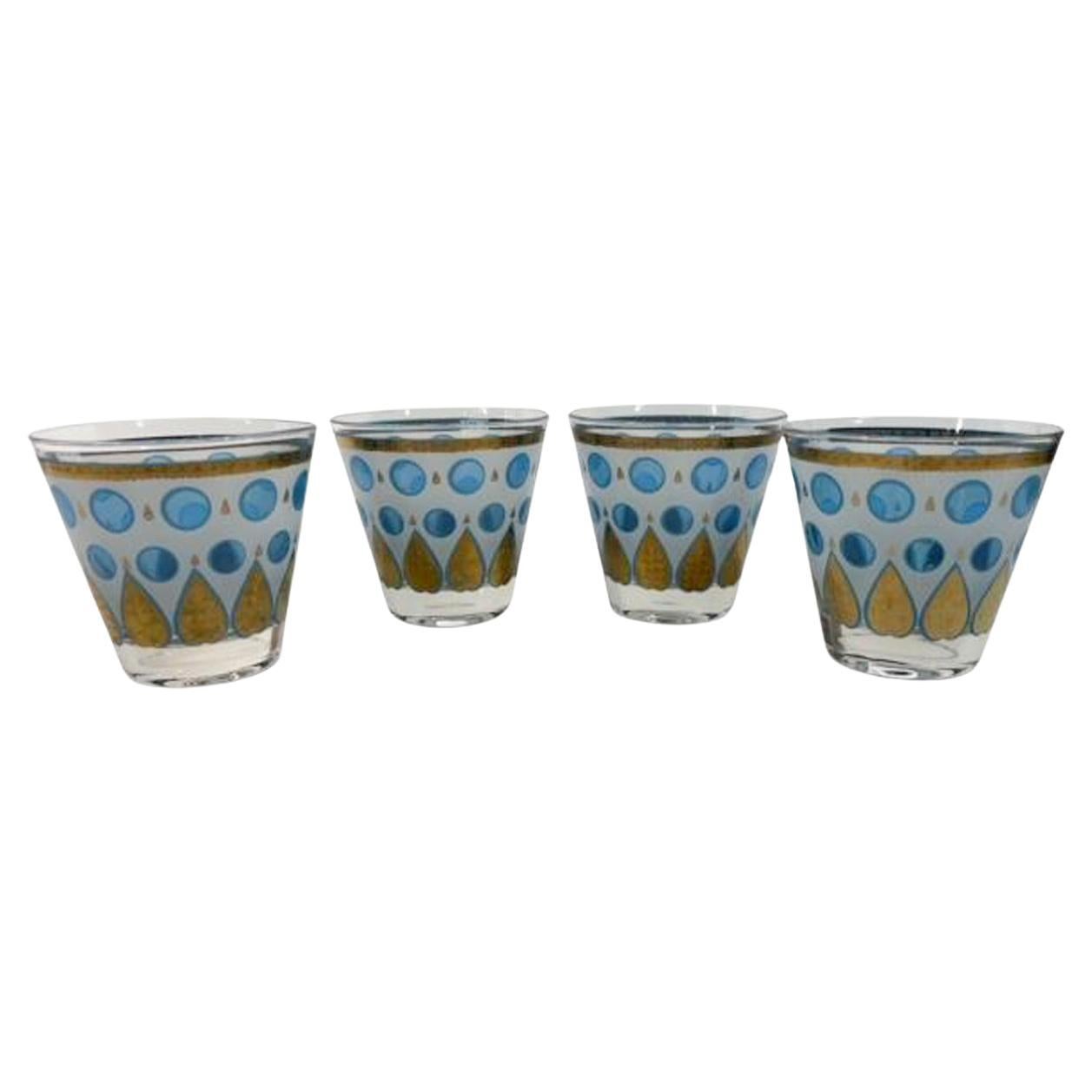 MCM Cera Old Fashioned Glasses with Translucent Blue Dots and Gold Palmettes