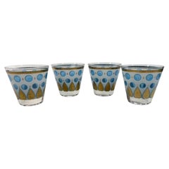MCM Cera Old Fashioned Glasses with Translucent Blue Dots and Gold Palmettes