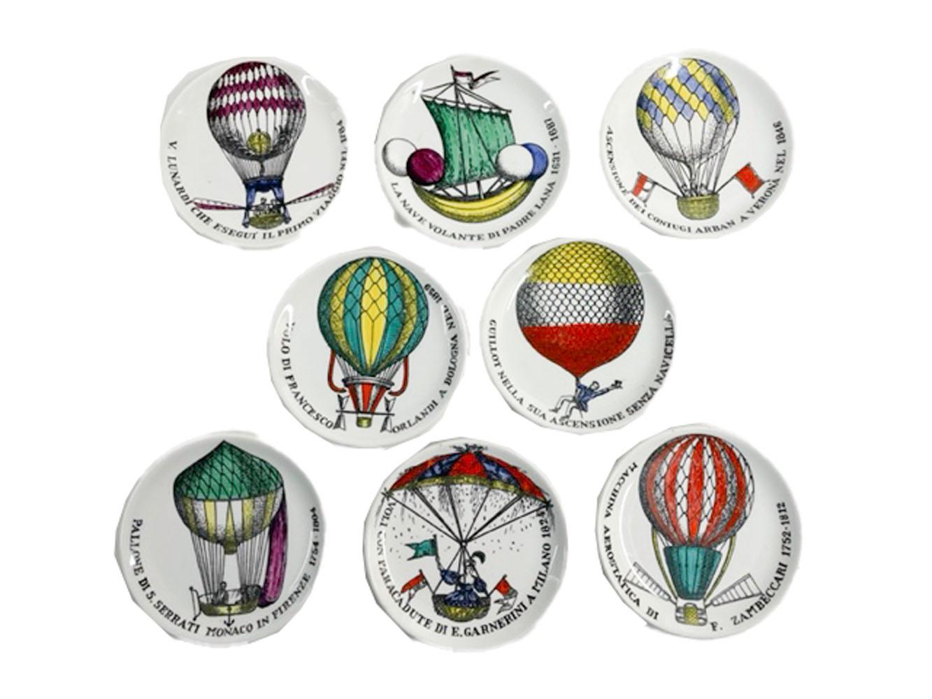 Mid-Century Modern MCM Ceramic Coasters by Fornasetti, Painted with Hot Air Balloons, 
