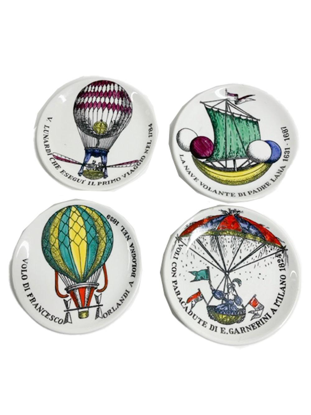 Italian MCM Ceramic Coasters by Fornasetti, Painted with Hot Air Balloons, 