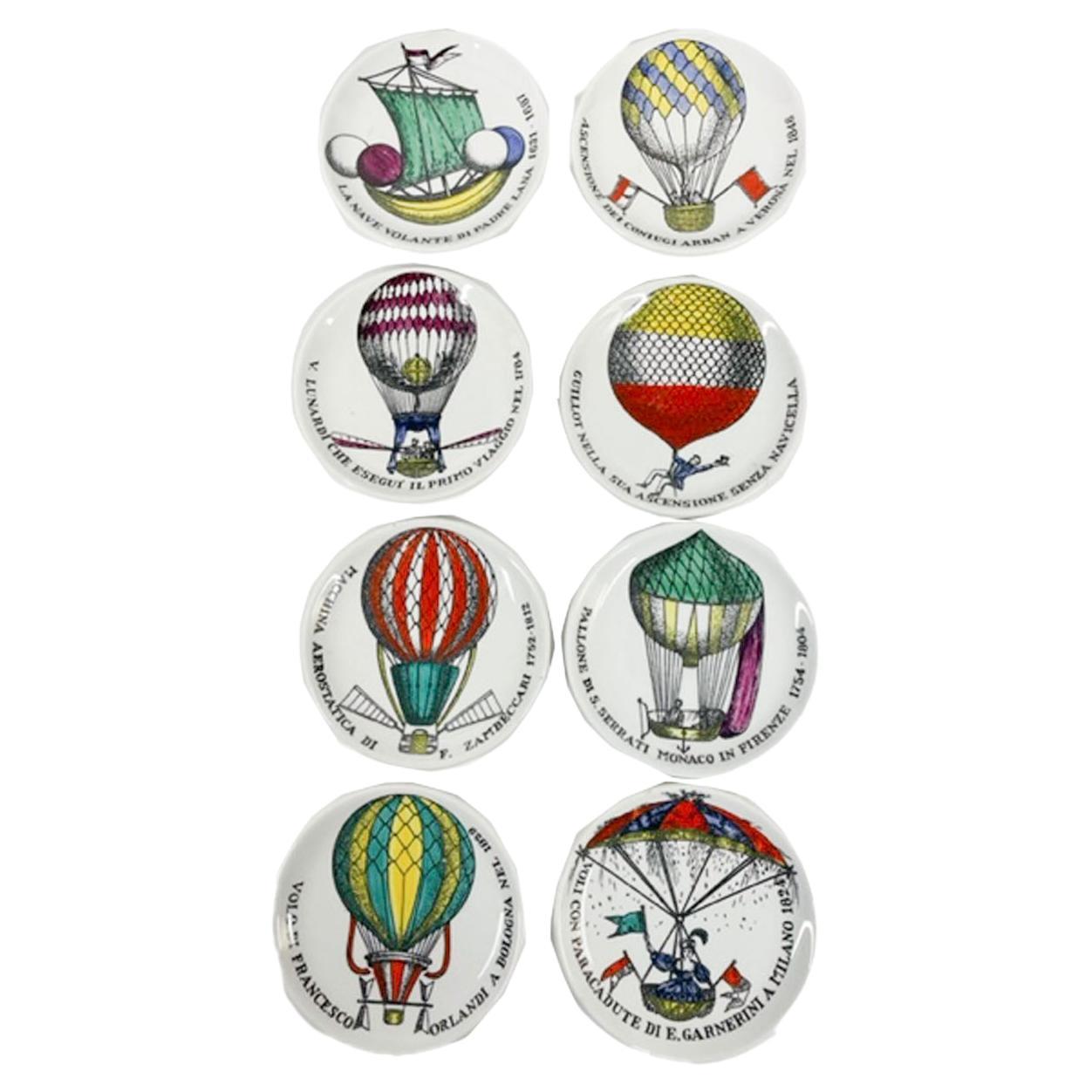 MCM Ceramic Coasters by Fornasetti, Painted with Hot Air Balloons, "Palloni"