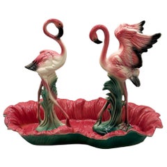 MCM Ceramic Flamingo Open Wing Figurine Set in Tropical Pond Tray by Maddux