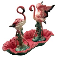 MCM Ceramic Flamingo Open Wing Figurine Set in Tropical Pond Tray by Maddux