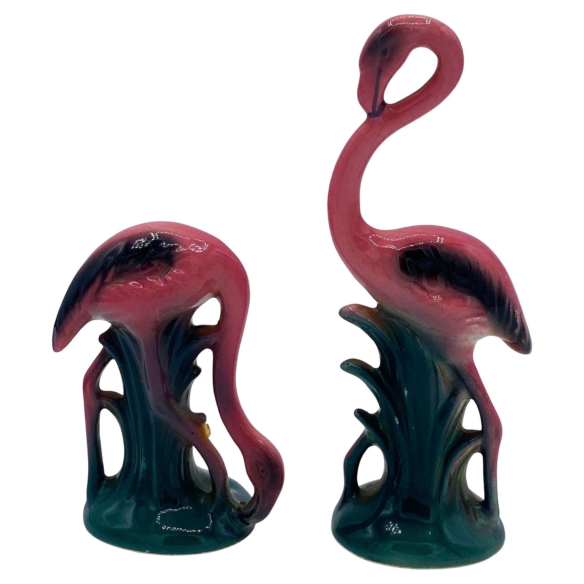 MCM Ceramic Miniature Pink Flamingo Tabletop Statue His & Hers Set By Leftons