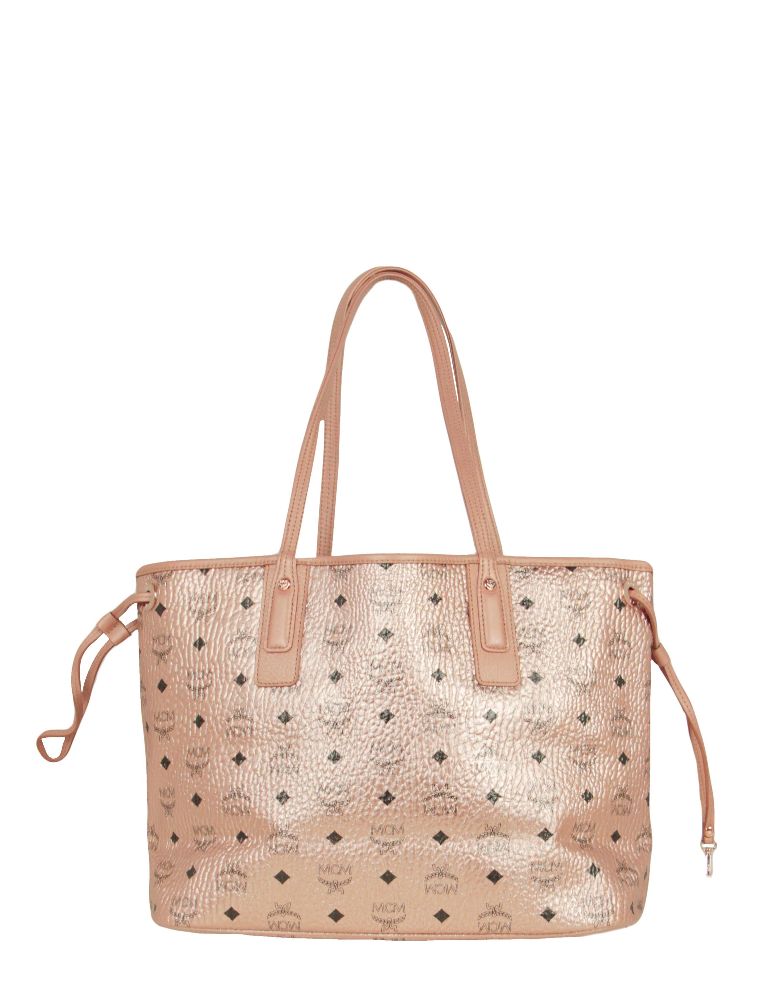 MCM Champagner Metallic Visetos Große Liz Wendbare Shopper Tote Bag (Beige)