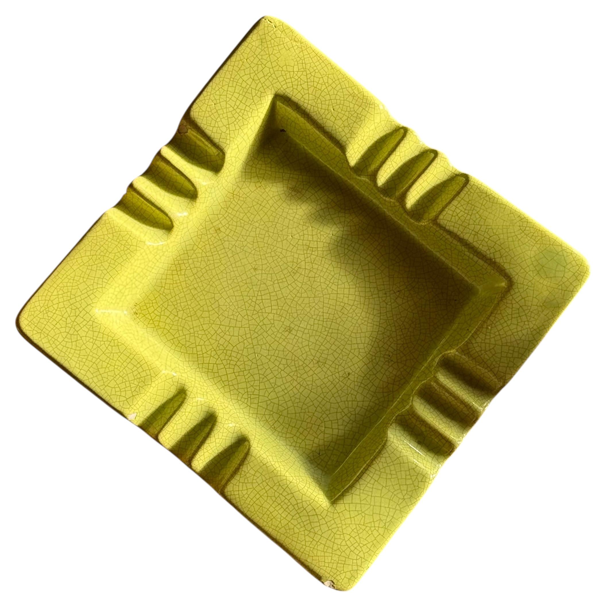 Mcm chartreuse crackle ceramic ashtray, circa 1960 For Sale