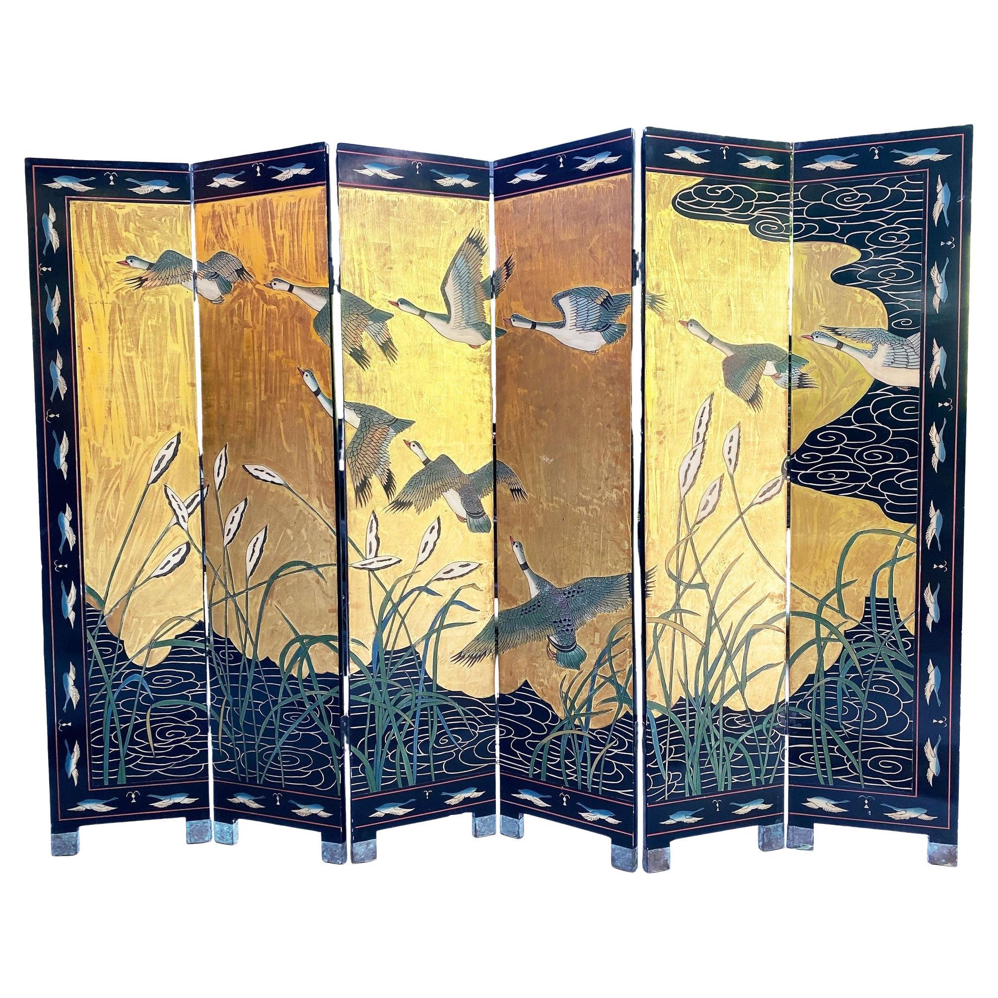 Separador de ambientes MCM Chinese Export Hand Gilded 6 paneles Geese Coromandel Screen en venta