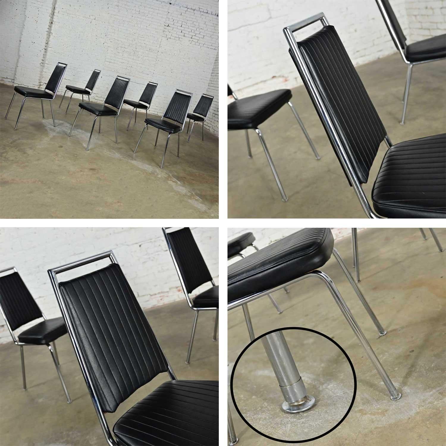 MCM Chromcraft ensemble de 6 chaises de salle à manger en vinyle noir côtelé et en faux cuir et chrome en vente 4
