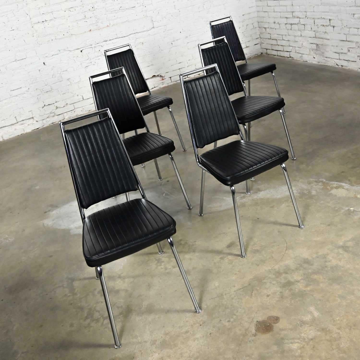 Mid-Century Modern MCM Chromcraft Ribbed Black Vinyl Faux Leather & Chrome Dining Chairs Set of 6 For Sale