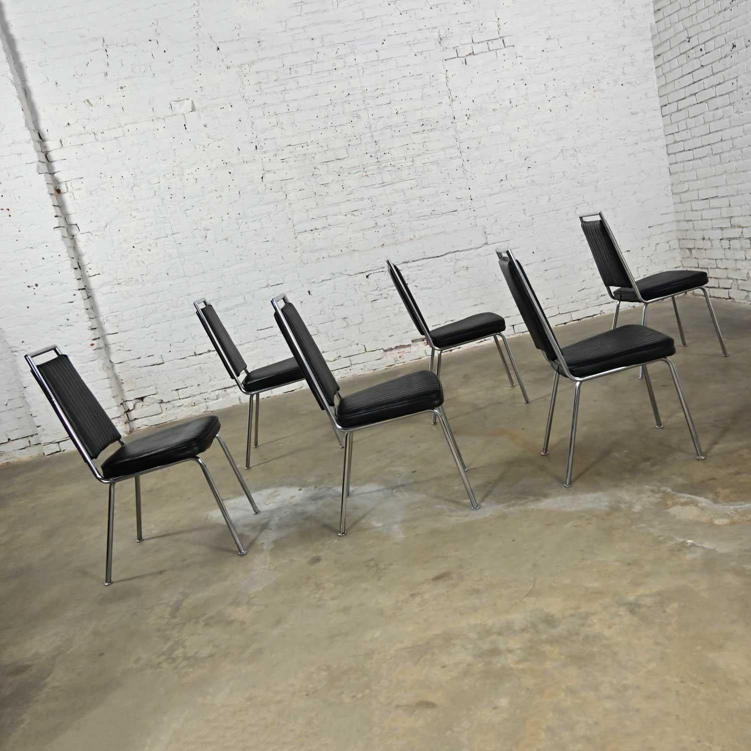 20th Century MCM Chromcraft Ribbed Black Vinyl Faux Leather & Chrome Dining Chairs Set of 6 For Sale