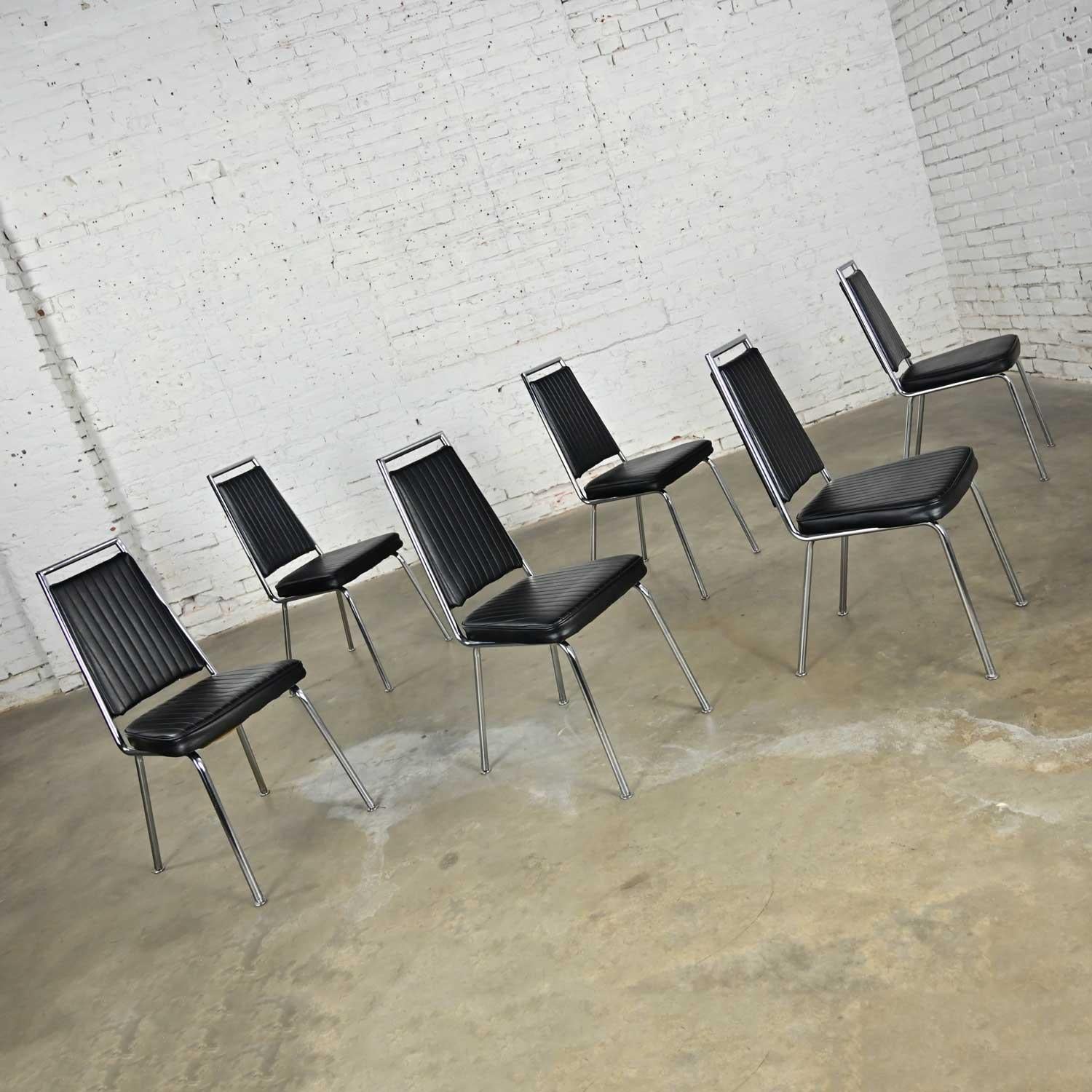 MCM Chromcraft Ribbed Black Vinyl Faux Leather & Chrome Dining Chairs Set of 6 For Sale 1