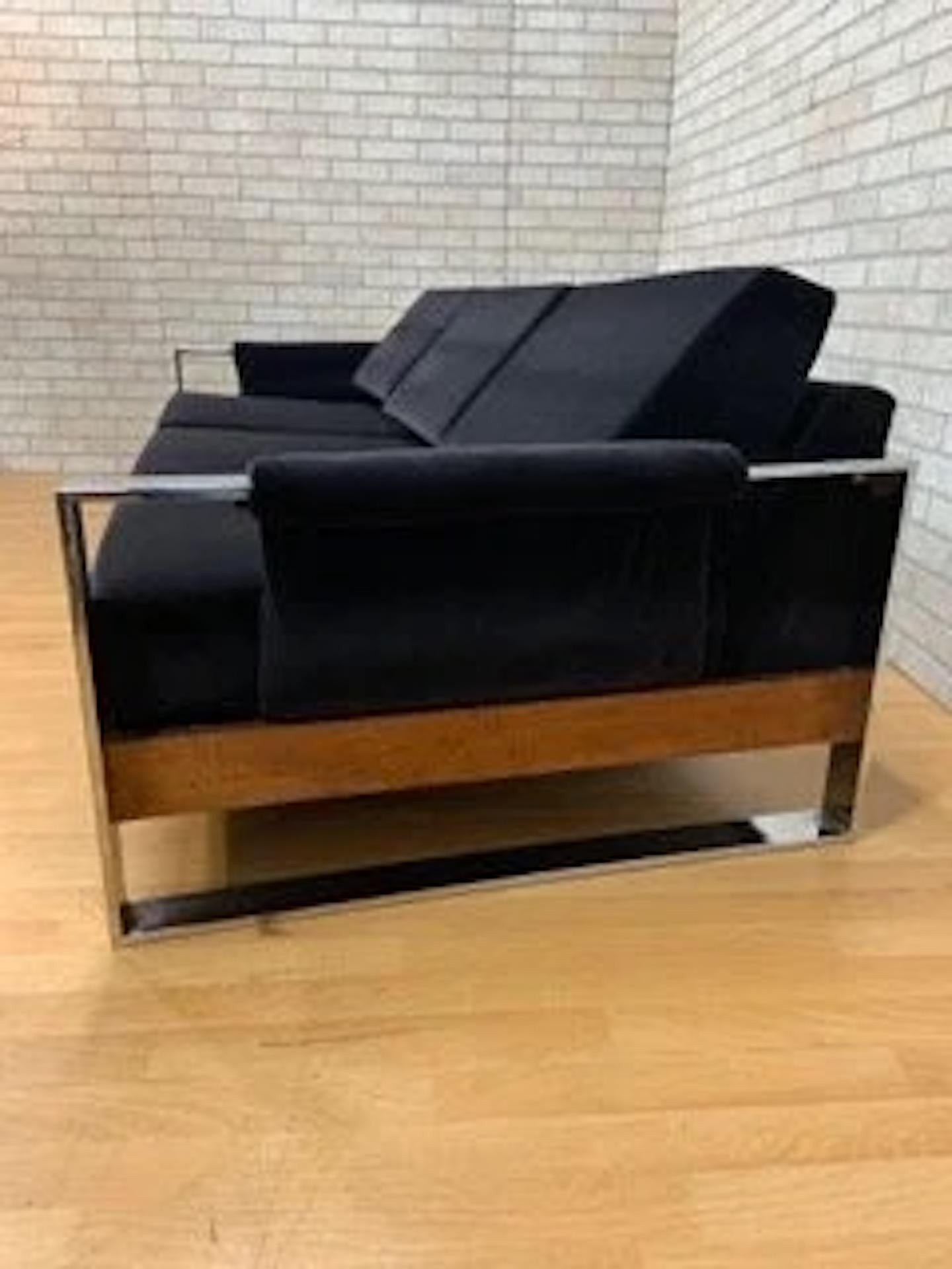 MCM Chrome Flat Bar Sofa & Lounge Chair w/ Newly Upholstered- 2 piece In Good Condition In Chicago, IL