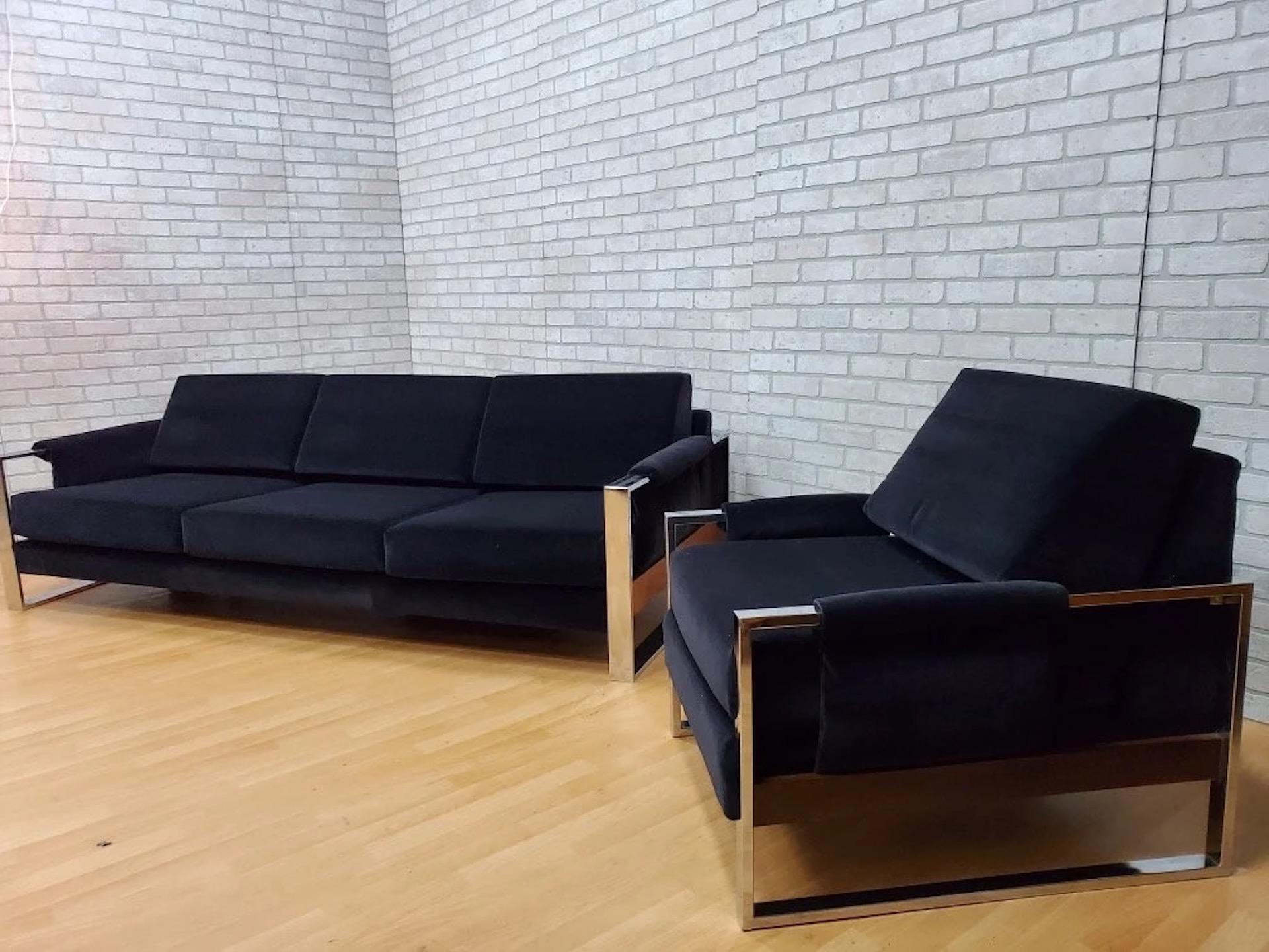 Velvet MCM Chrome Flat Bar Sofa & Lounge Chair w/ Newly Upholstered- 2 piece