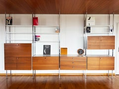 MCM Chrome Teak, Modular shelves cabinets 4 Bay Wall UnitGeorge Nelson Attr.