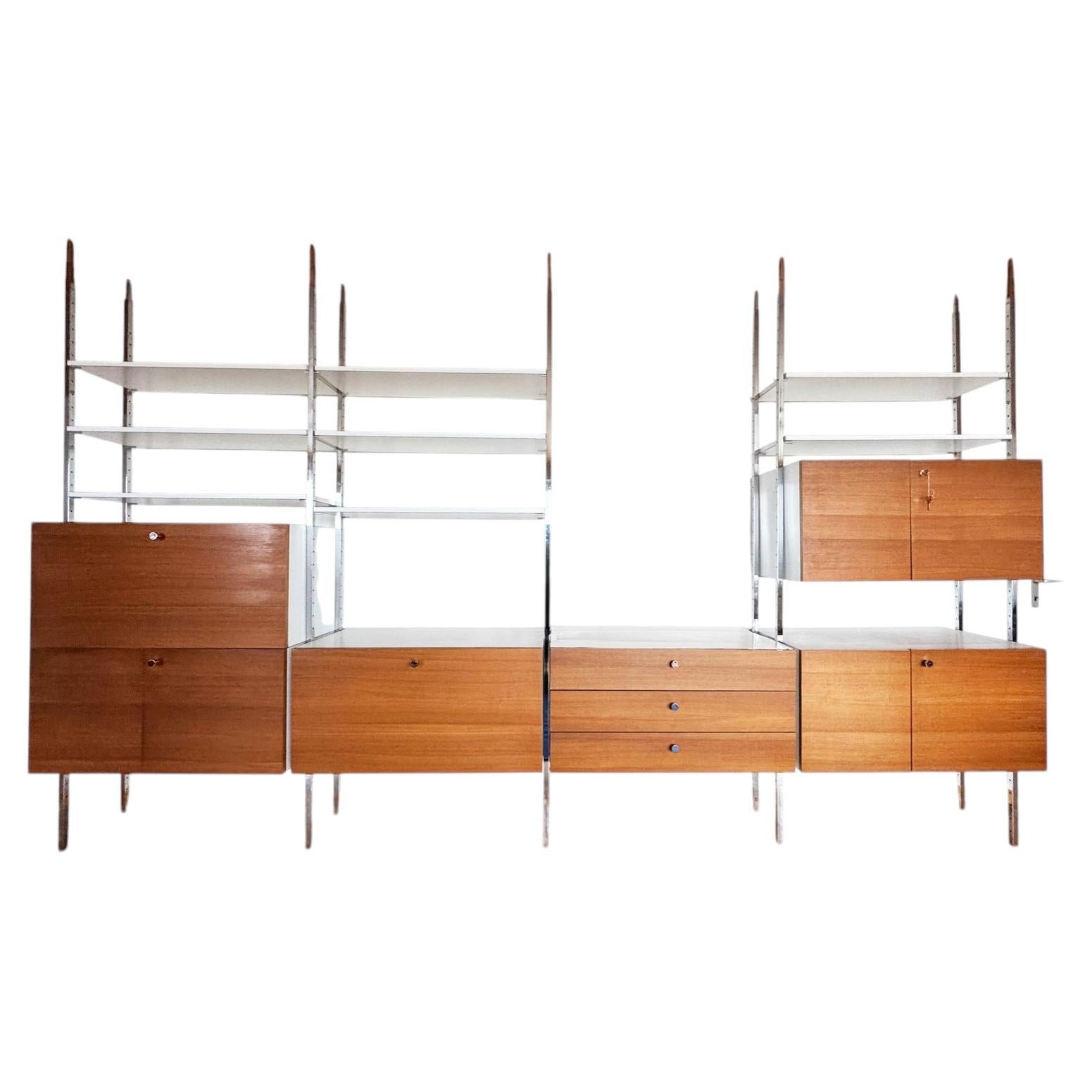 MCM Chrome Teak, Modular shelves cabinets 4 Bay Wall UnitGeorge Nelson Attr.