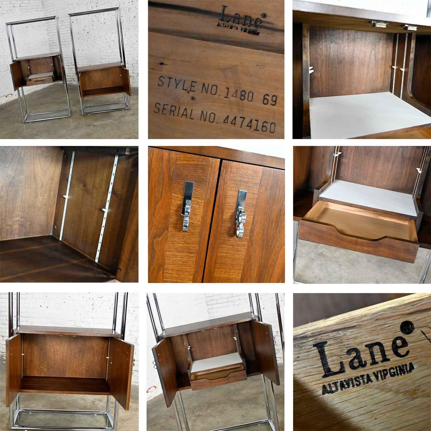 MCM Chrome & Walnut Veneer Display Cabinet or Room Divider 3 Piece Unit by Lane 9