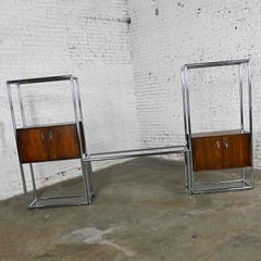 MCM Chrome & Walnut Veneer Display Cabinet or Room Divider 3 Piece Unit by Lane