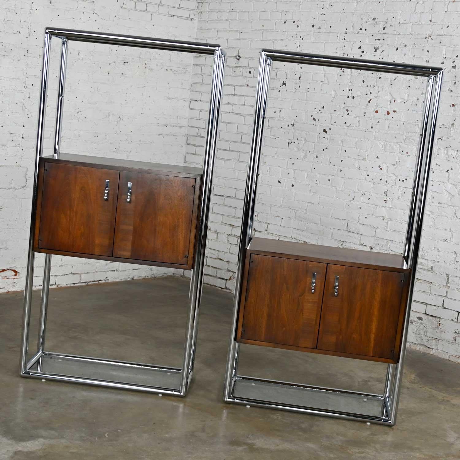 Glass MCM Chrome & Walnut Veneer Display Cabinet or Room Divider 3 Piece Unit by Lane