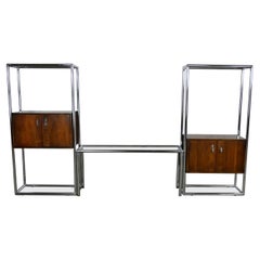 Vintage MCM Chrome & Walnut Veneer Display Cabinet or Room Divider 3 Piece Unit by Lane