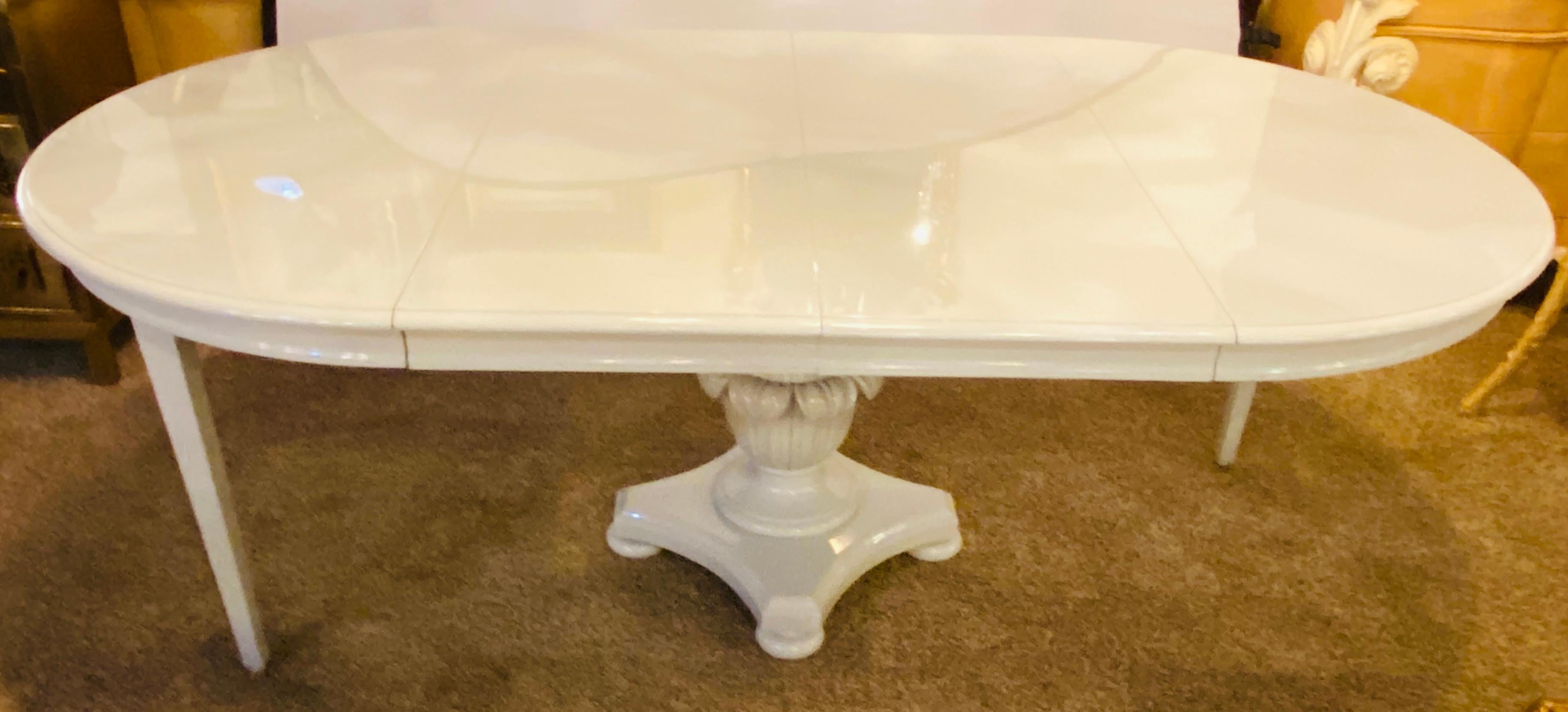 Hollywood Regency MCM Circular Dove Grey Lacquer Dining Table Pineapple Pedestal Base Two Leaves