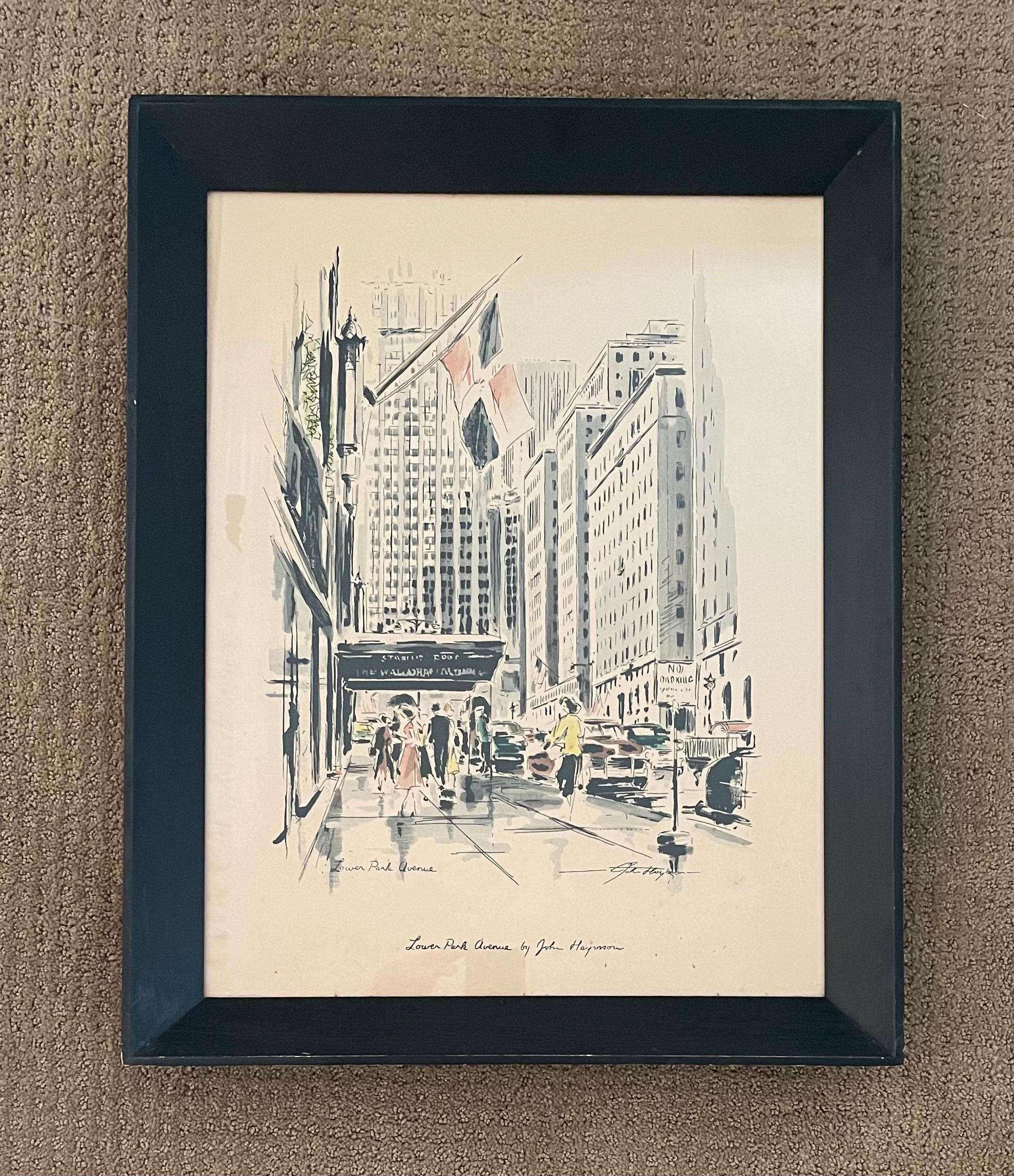 Mid-century cityscape water color & ink lithograph of 